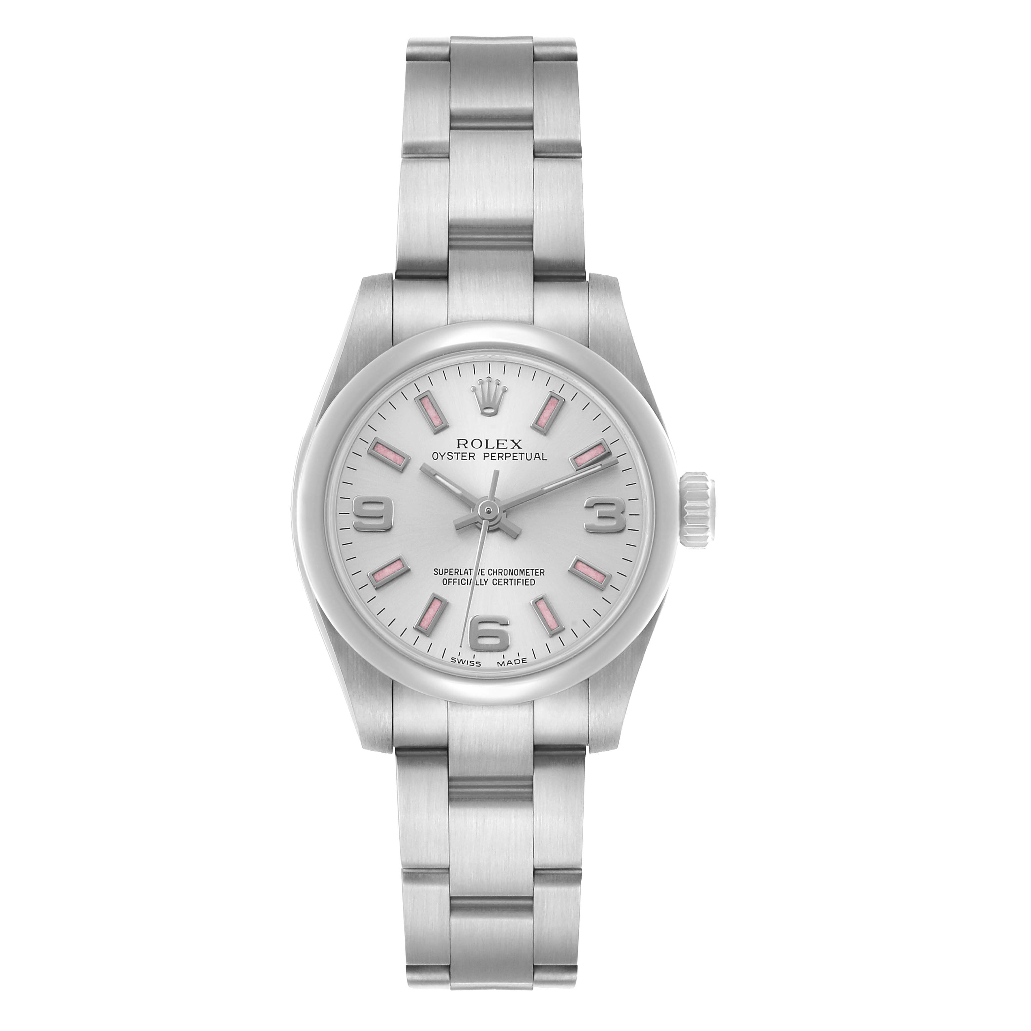 The Rolex Oyster Perpetual 176200 Women's Stainless Steel Silver Dial watch is shown from a front angle, highlighting its face, bezel, and bracelet.