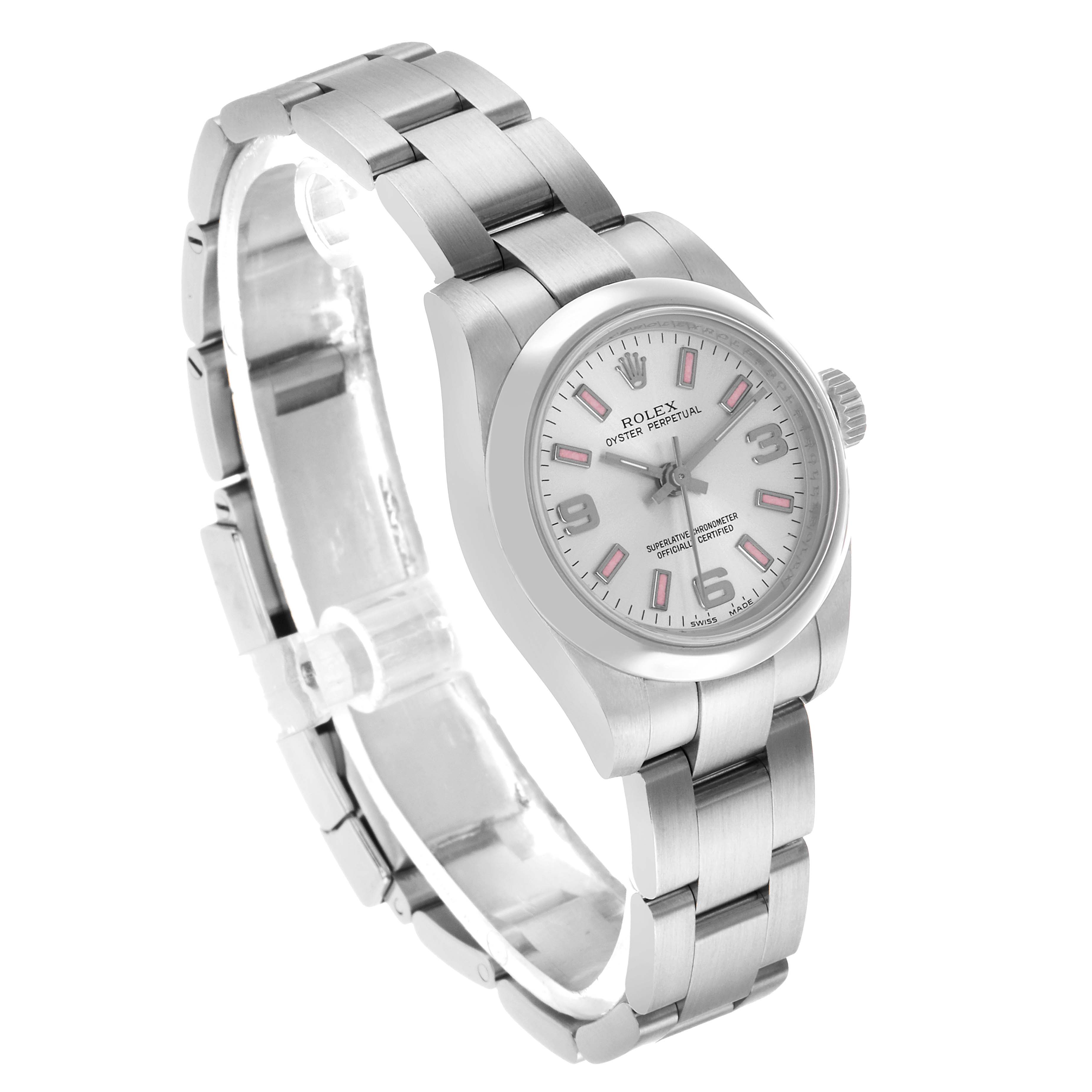 The Rolex Oyster Perpetual 176200 Women's Stainless Steel Silver Dial watch is shown in a side angle, highlighting the face, case, and bracelet.