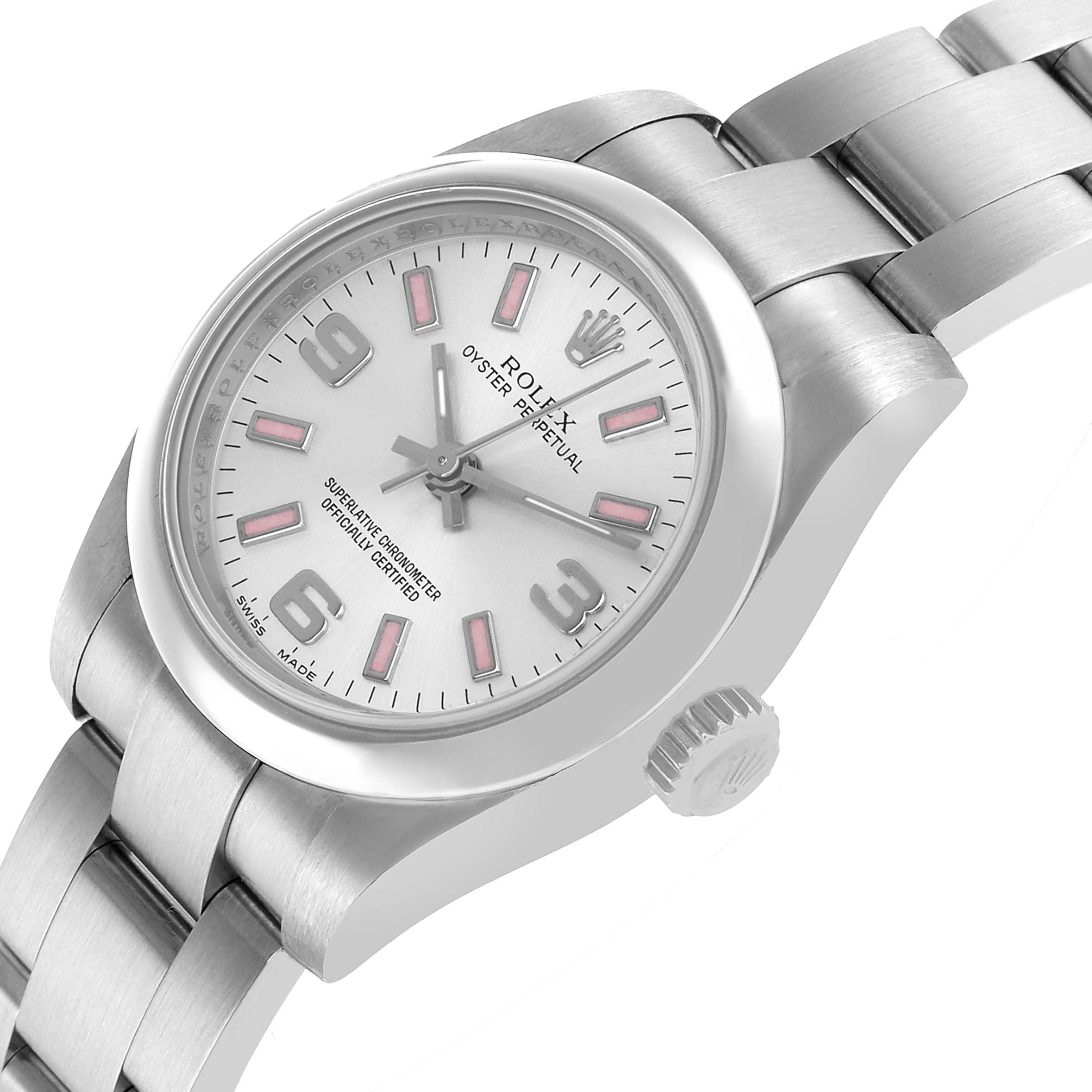 The Rolex Oyster Perpetual 176200 Women's Stainless Steel Silver Dial watch is shown at an angled side view, displaying the face, bezel, crown, and part of the bracelet.