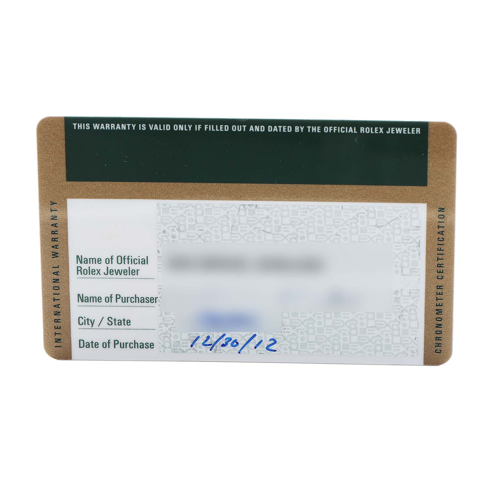 The image shows a warranty card for the Rolex Oyster Perpetual 176200 Women's Stainless Steel Silver Dial, featuring fields for jeweler, purchaser, and purchase date.