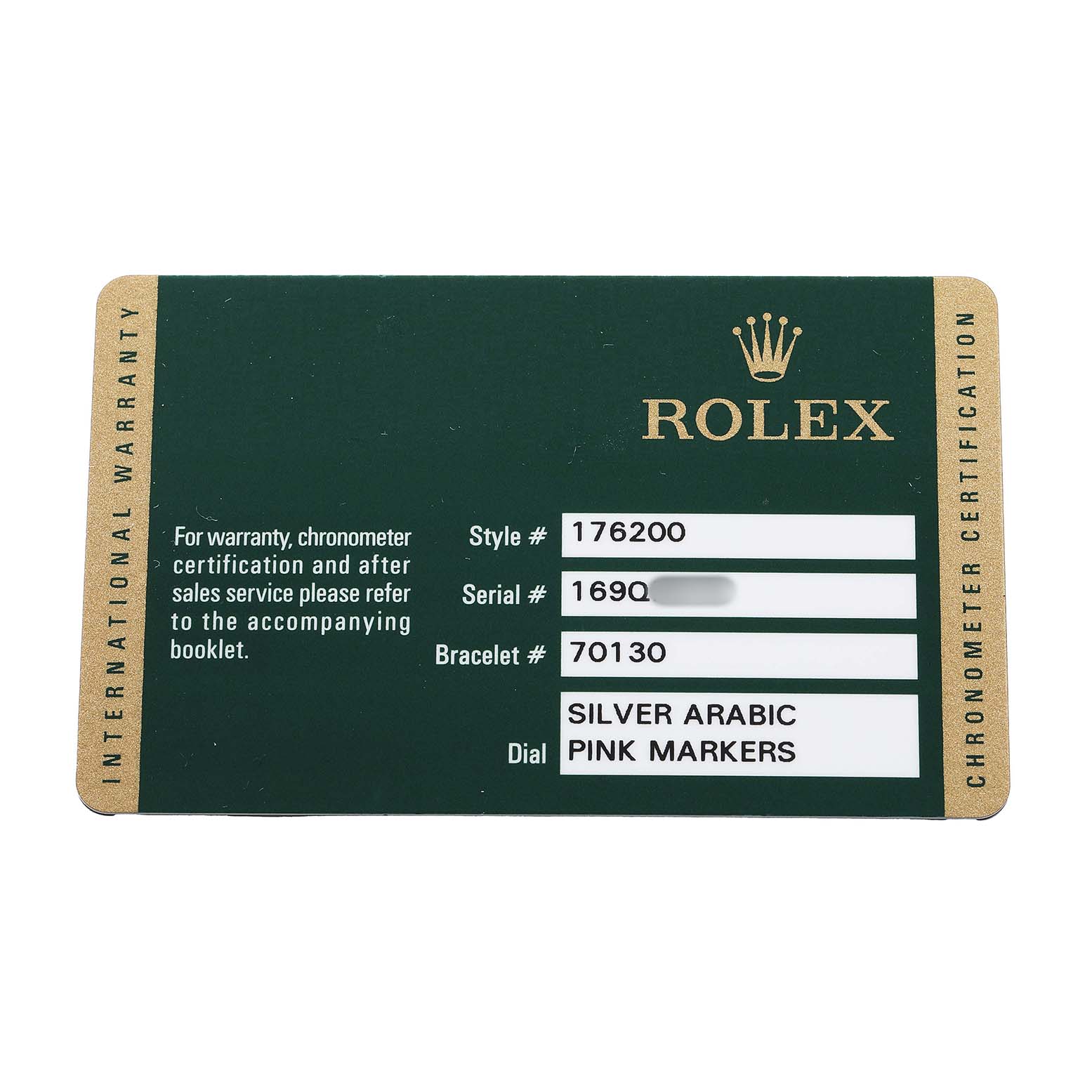 This image shows a warranty card for a Rolex Oyster Perpetual 176200 Women's Stainless Steel Silver Dial watch, displaying style, serial, bracelet, and dial information.