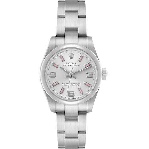 The Rolex Oyster Perpetual 176200 Women's Stainless Steel Silver Dial watch is shown from the front, highlighting the dial, bezel, and bracelet.
