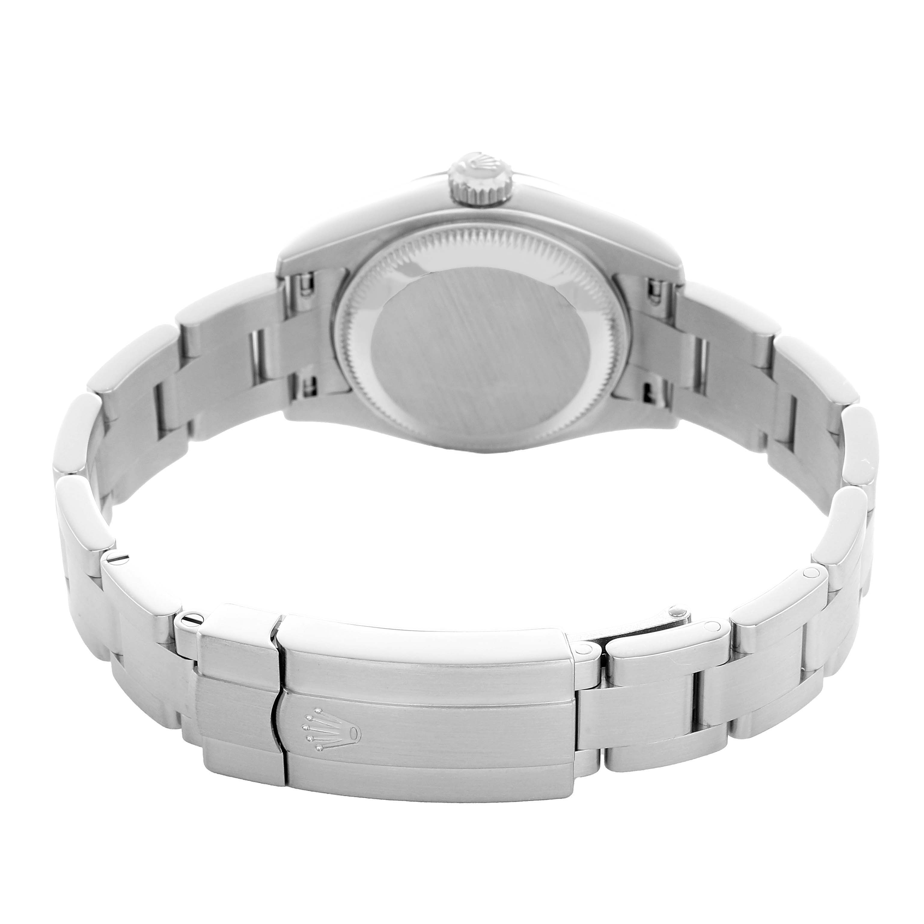 The image shows the back view of a Rolex Oyster Perpetual 176200 Women's Stainless Steel Silver Dial, highlighting the case back and bracelet clasp.