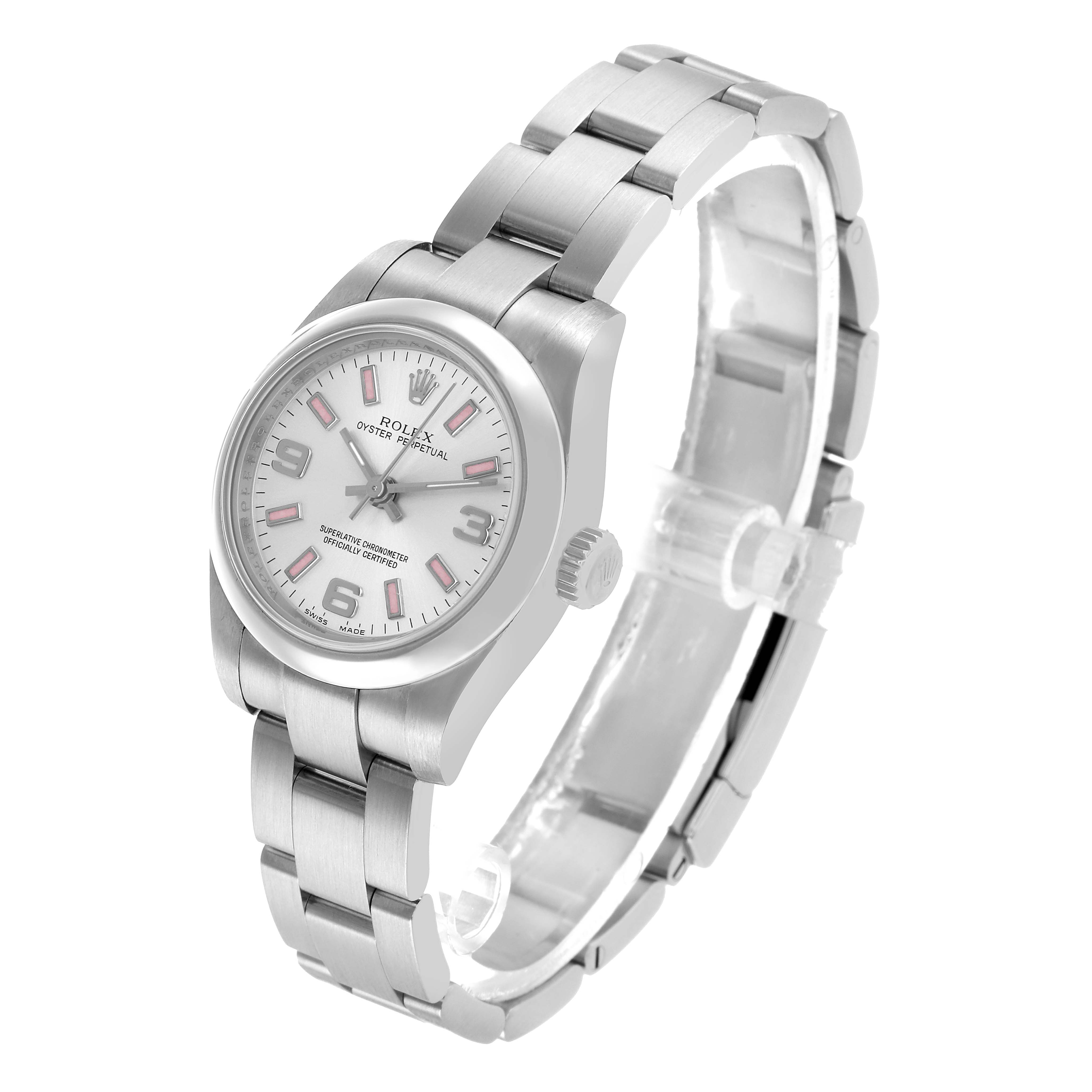 The Rolex Oyster Perpetual 176200 Women's Stainless Steel Silver Dial watch is shown at a three-quarter angle, displaying the face, bezel, crown, and part of the bracelet.