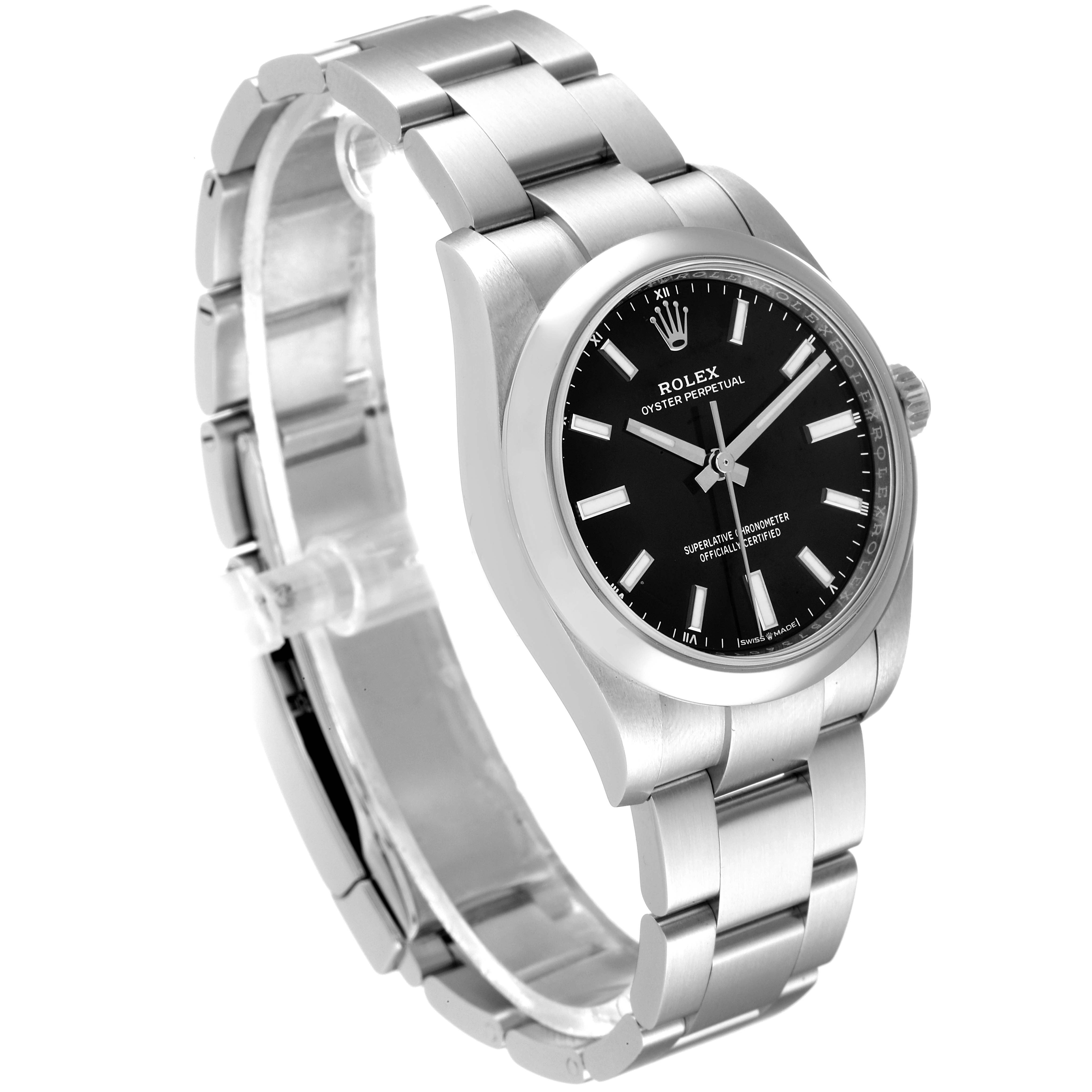 The image shows a Rolex Oyster Perpetual 124200 Men's Stainless Steel Black Dial 124200 Men's Stainless Steel Black Dial watch at a slight angle, highlighting the bracelet, bezel, and black dial.