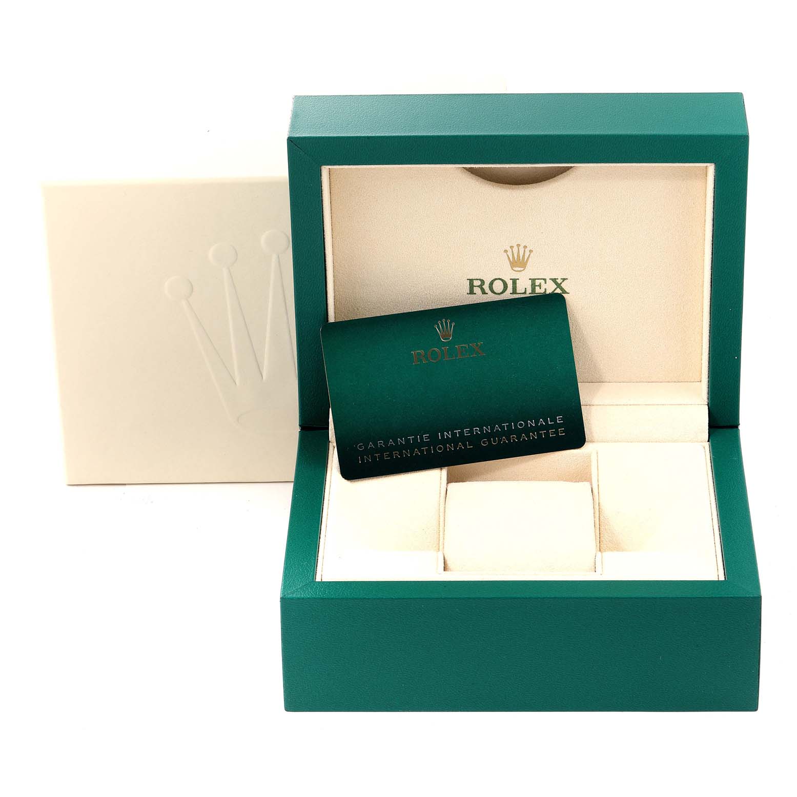 The image shows a Rolex Oyster Perpetual 124200 Men's Stainless Steel Black Dial 124200 Men's Stainless Steel Black Dial watch box with the international guarantee card placed inside the box.
