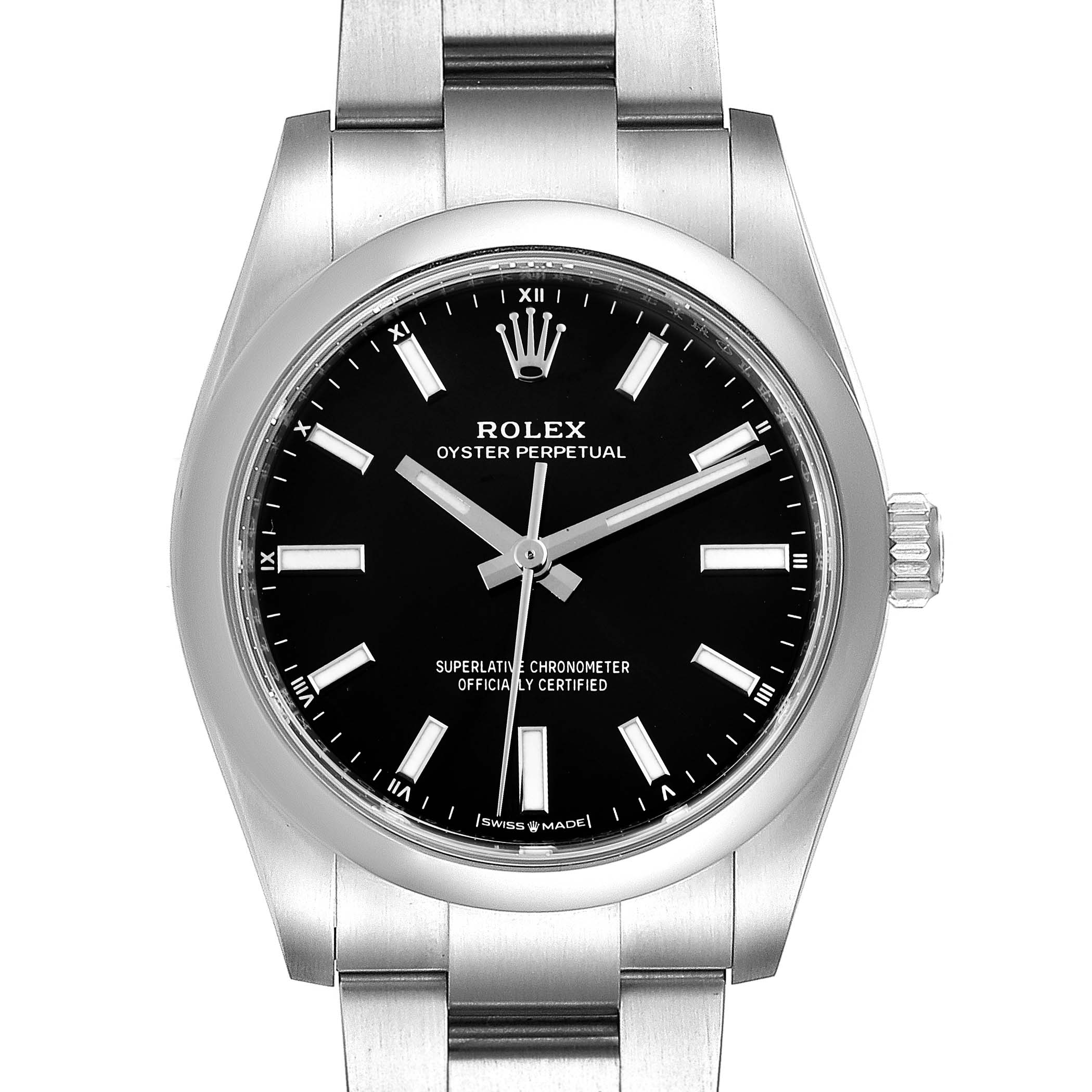This image shows a front view of the Rolex Oyster Perpetual 124200 Men's Stainless Steel Black Dial 124200 Men's Stainless Steel Black Dial watch, highlighting its black dial, hour markers, and stainless steel bracelet.