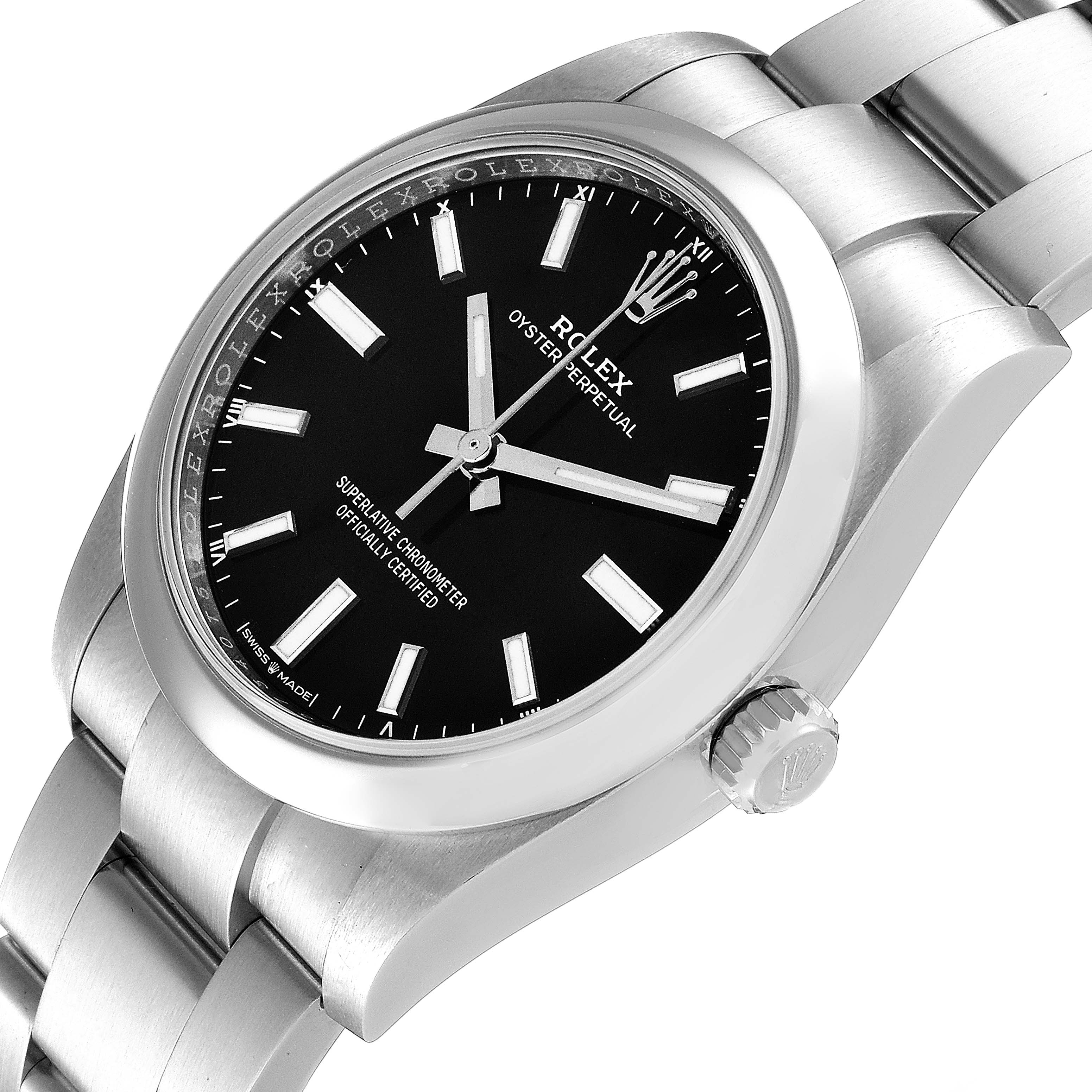 This image shows a close-up angled side view of the Rolex Oyster Perpetual 124200 Men's Stainless Steel Black Dial 124200 Men's Stainless Steel Black Dial watch, highlighting the black dial, crown, and bracelet.