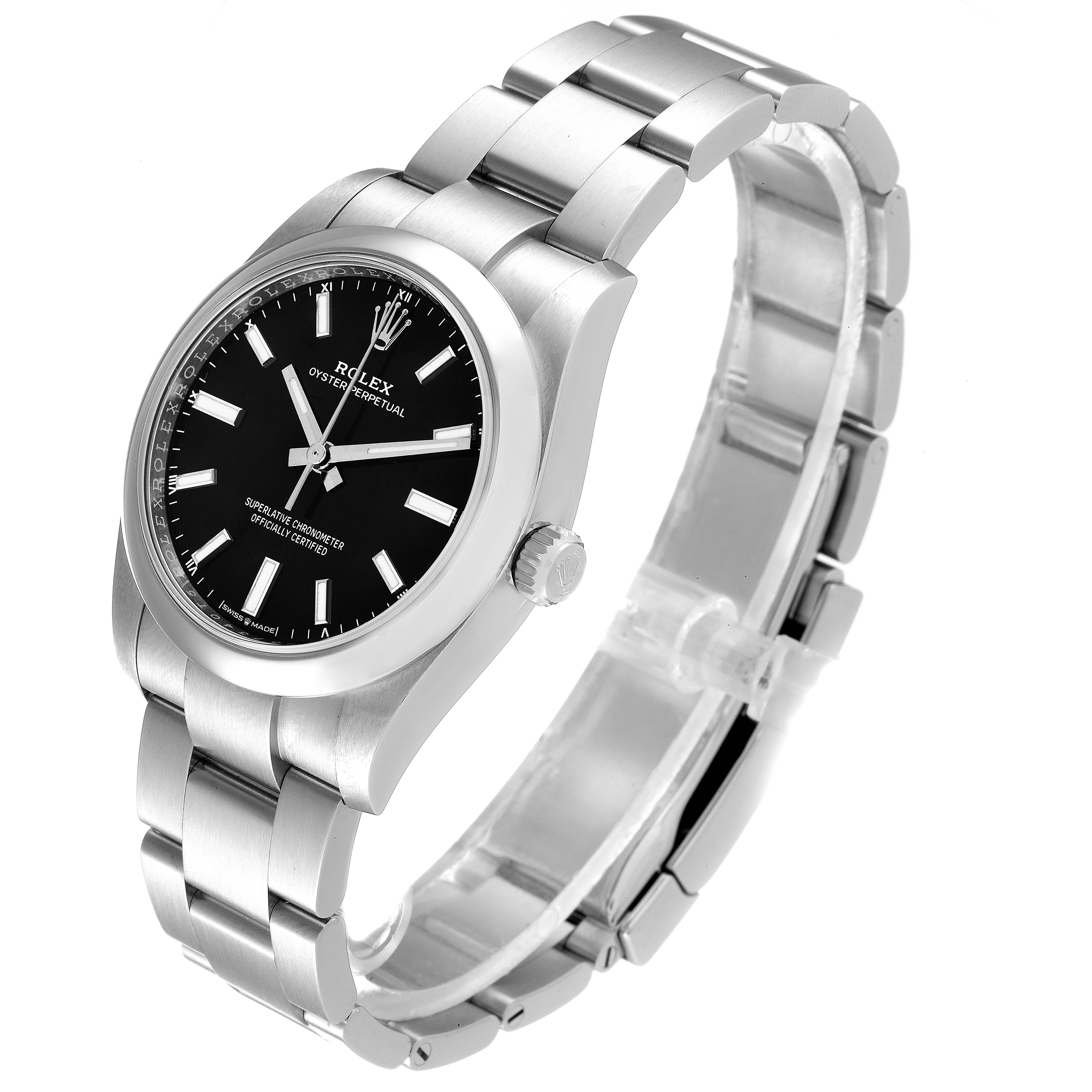 This image shows a side view of the Rolex Oyster Perpetual 124200 Men's Stainless Steel Black Dial 124200 Men's Stainless Steel Black Dial watch, highlighting the face, bezel, bracelet, and crown.