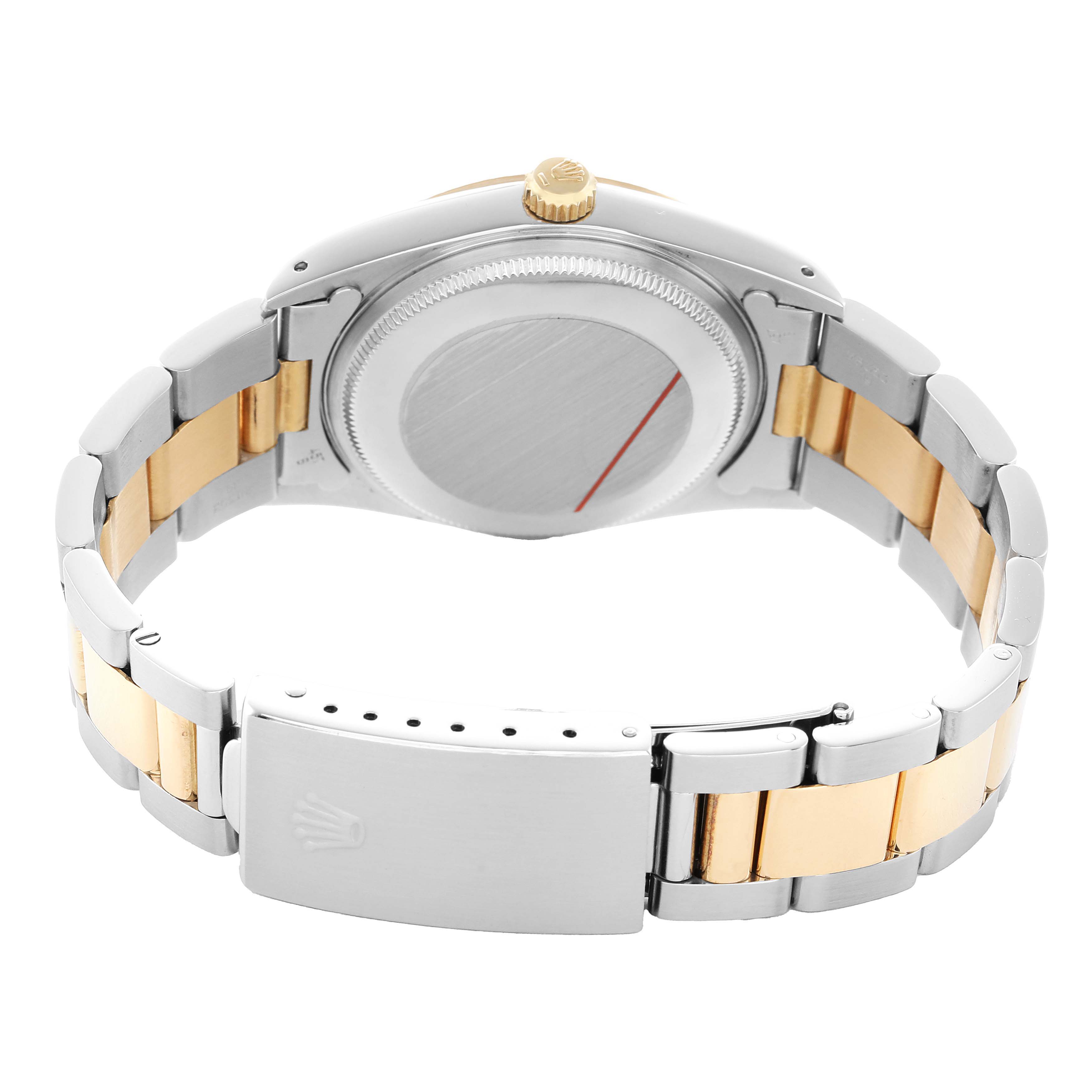 The image shows the back of the Rolex Oyster Perpetual 14233 Men's Steel and Gold (two tone) Champagne Dial, highlighting the case back, crown, and two-tone bracelet.