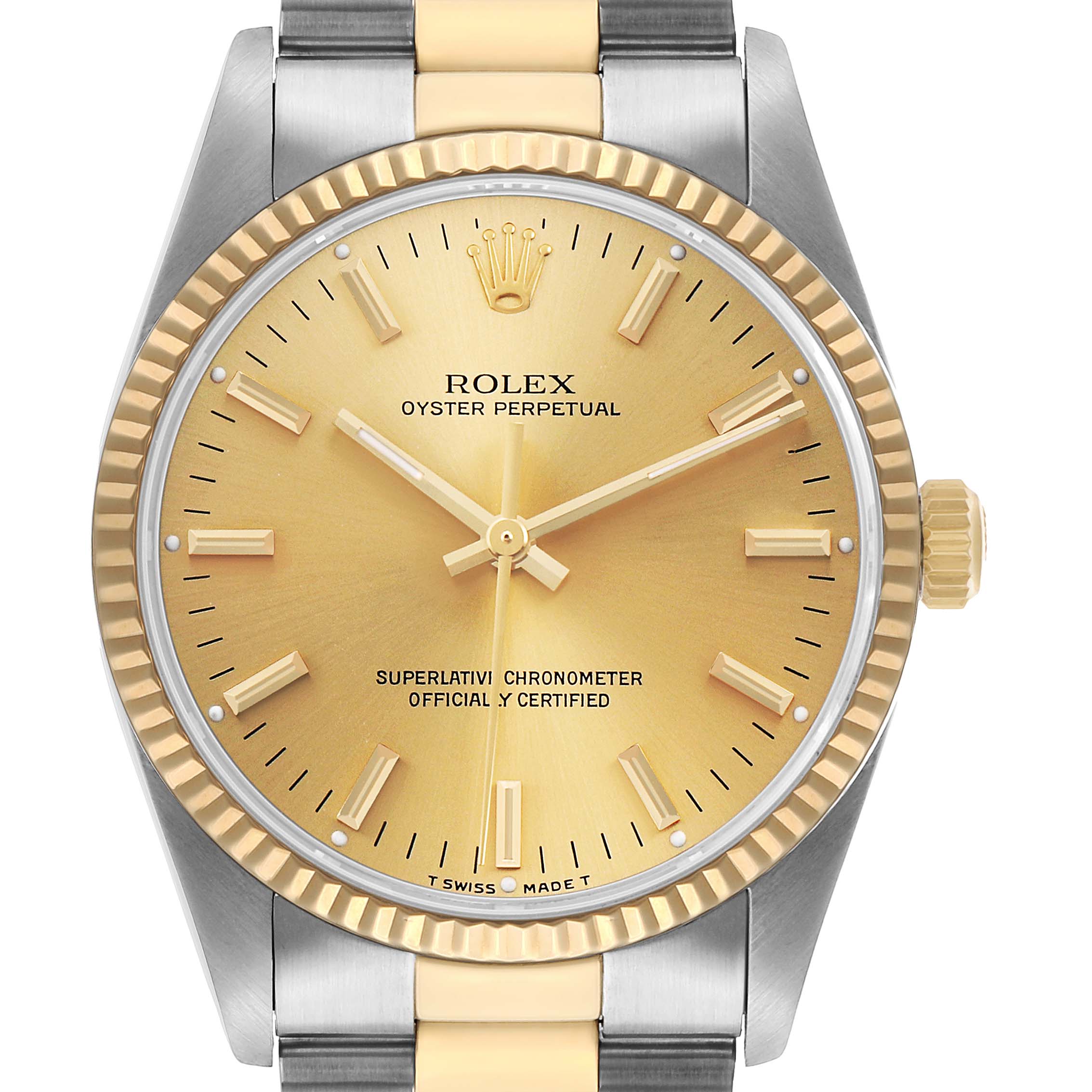 The Rolex Oyster Perpetual 14233 Men's Steel and Gold (two tone) Champagne Dial watch is shown from a front angle, highlighting the gold dial, fluted bezel, and two-tone bracelet.