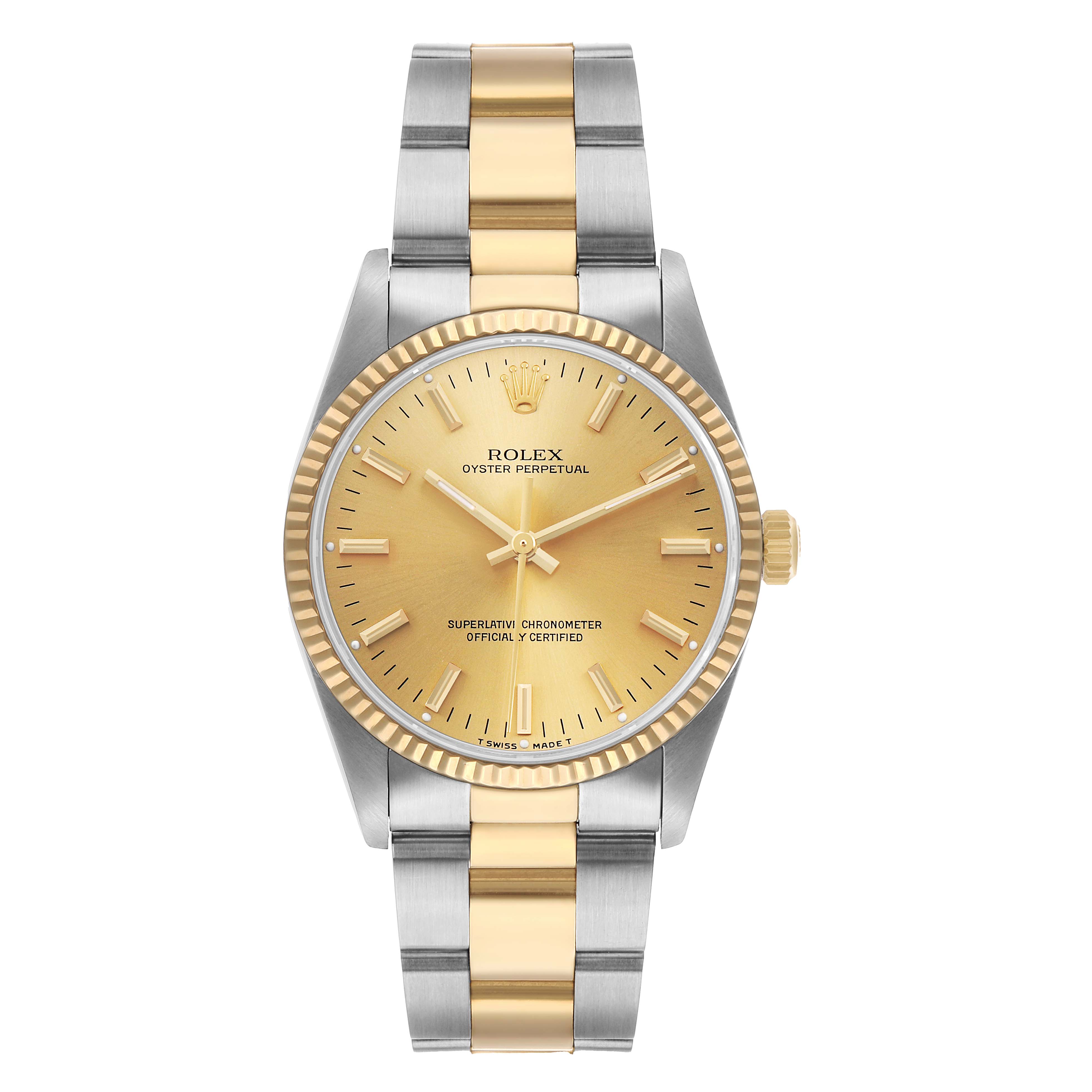 The Rolex Oyster Perpetual 14233 Men's Steel and Gold (two tone) Champagne Dial watch is shown from a front angle, displaying its dial, bezel, and bracelet.