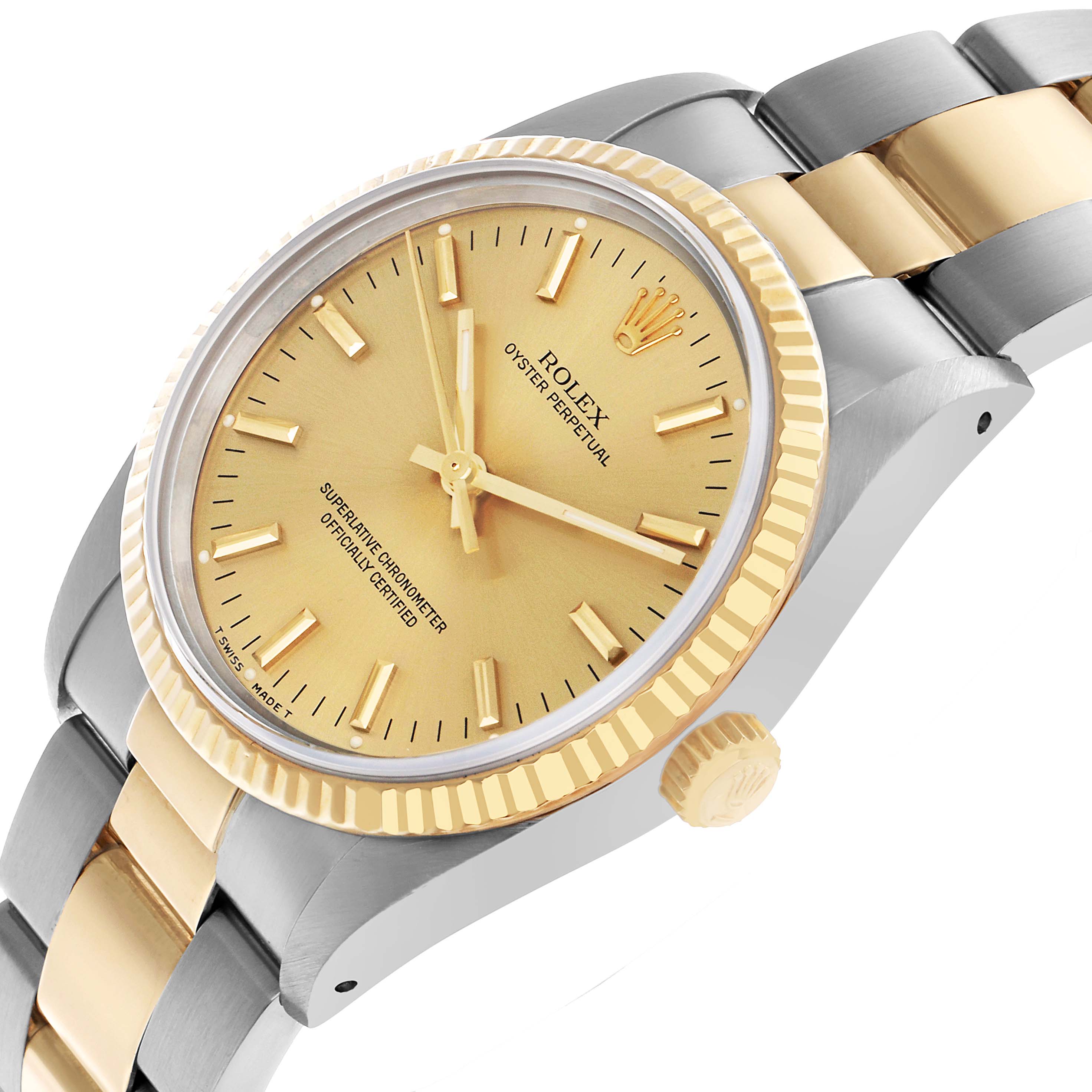 The Rolex Oyster Perpetual 14233 Men's Steel and Gold (two tone) Champagne Dial watch is shown at an angled view, highlighting the dial, bezel, crown, and a portion of the bracelet.
