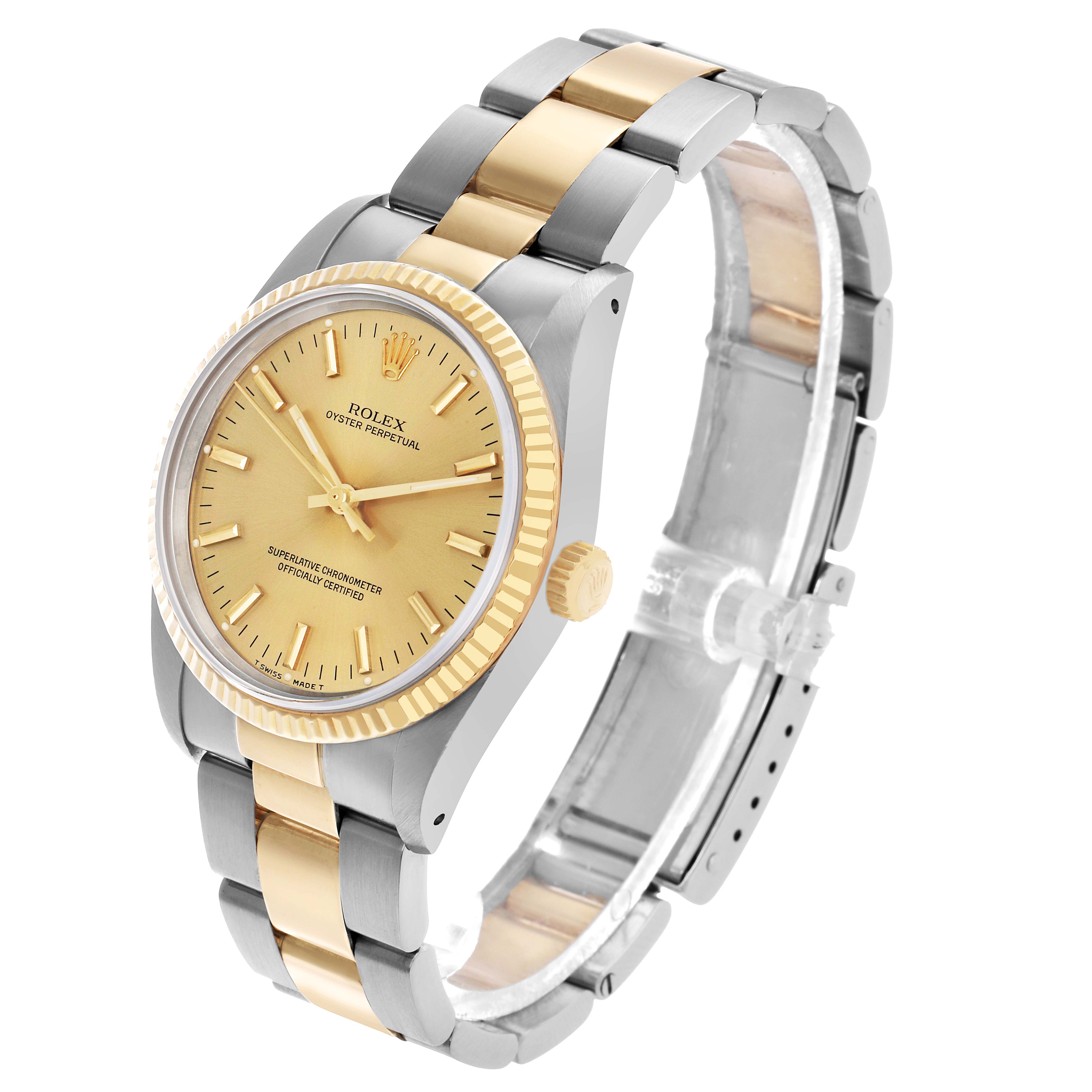 The Rolex Oyster Perpetual 14233 Men's Steel and Gold (two tone) Champagne Dial watch is shown at a three-quarter angle, highlighting its gold dial, bezel, and two-tone bracelet.