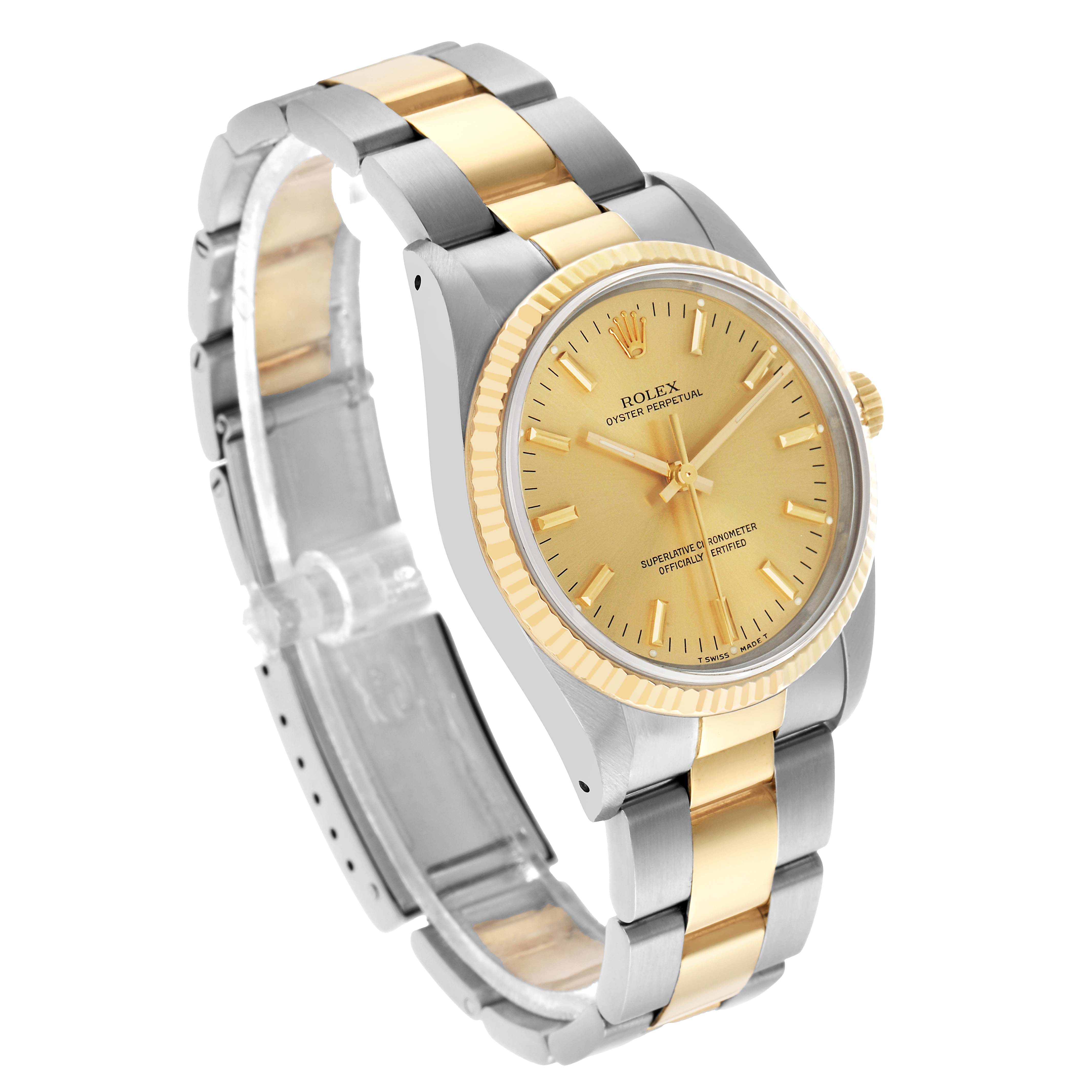 The Rolex Oyster Perpetual 14233 Men's Steel and Gold (two tone) Champagne Dial watch is shown at a three-quarter angle, highlighting its gold dial, bezel, and two-tone bracelet.