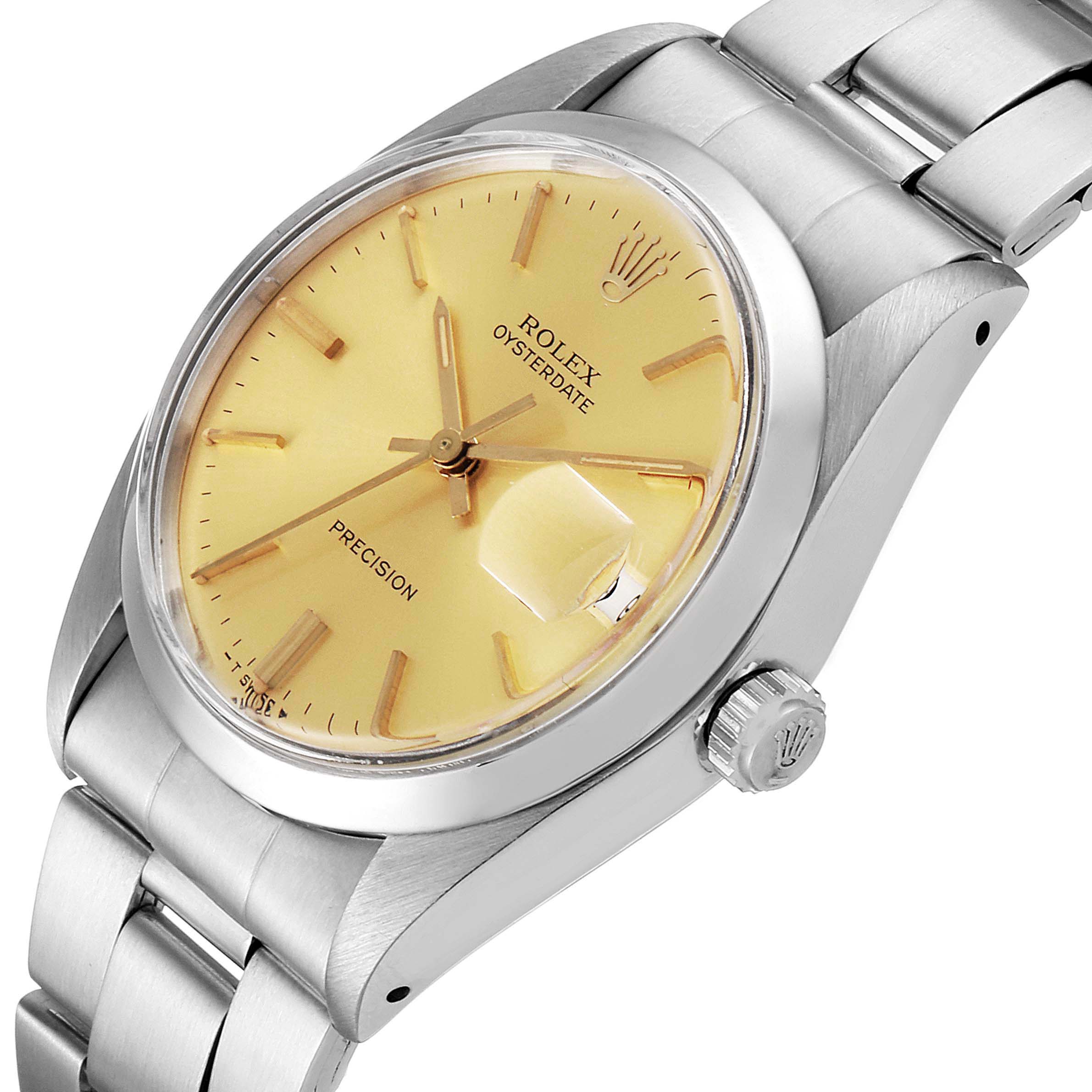 This image shows a close-up angled view of the Rolex Vintage Collection 6694 Men's Stainless Steel Champagne Dial 6694 Men's Stainless Steel Champagne Dial Oysterdate watch, highlighting the dial, case, crown, and part of the bracelet.