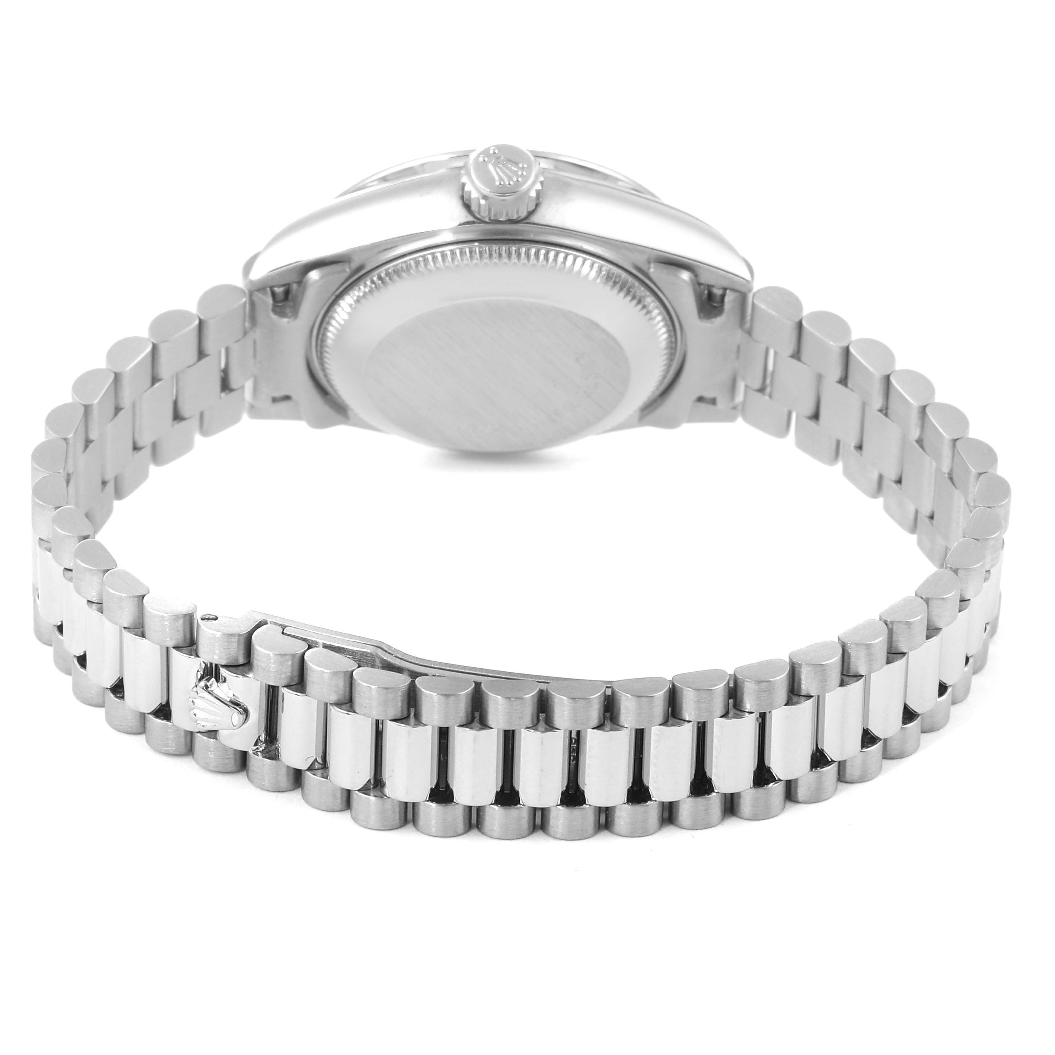The image shows the back view of a Rolex President 69119 Women's White Gold Silver Dial 69119 Women's White Gold Silver Dial model watch, highlighting its bracelet and clasp.