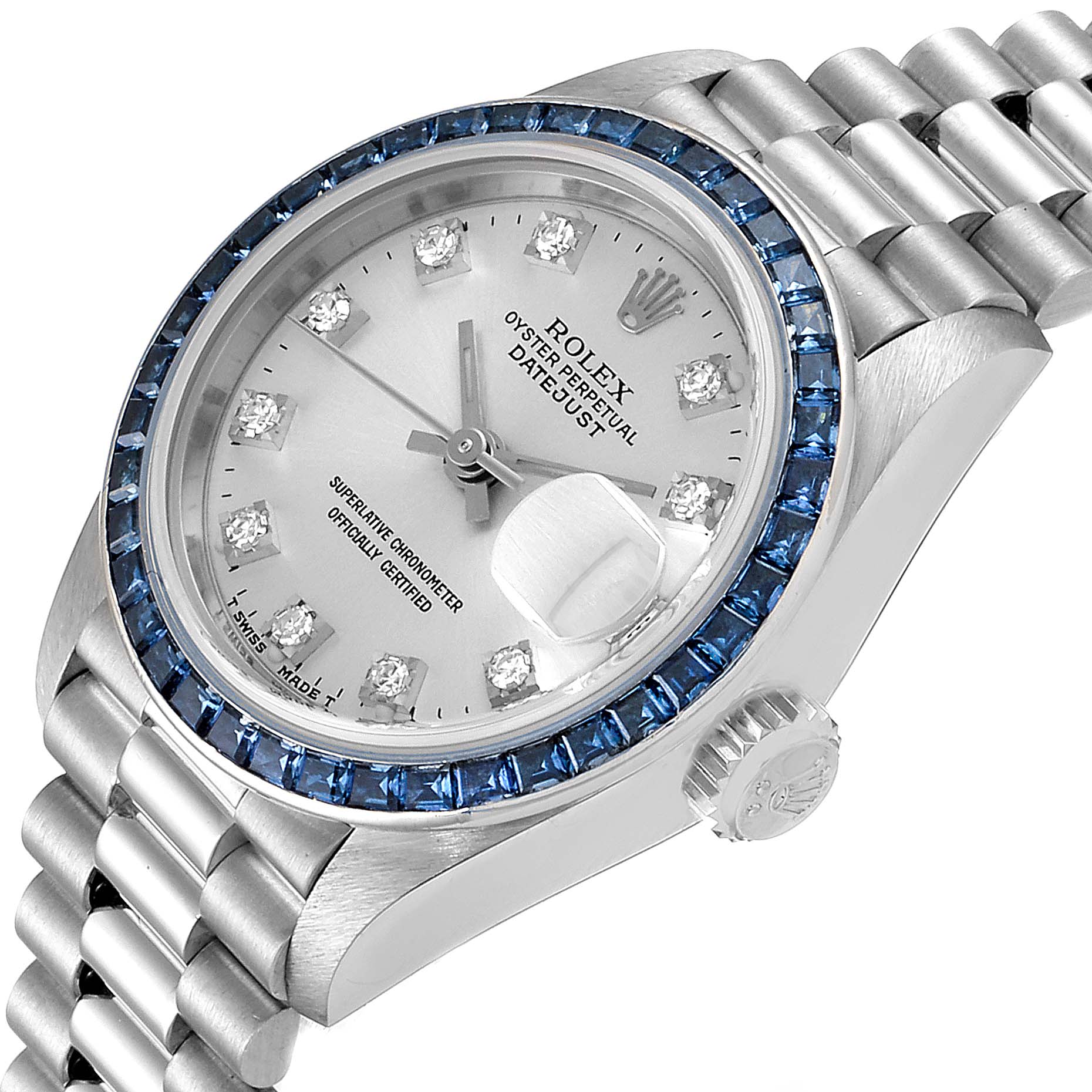 The image shows a close-up angled view of the Rolex President 69119 Women's White Gold Silver Dial 69119 Women's White Gold Silver Dial model watch, highlighting its bezel, dial, and part of the bracelet.