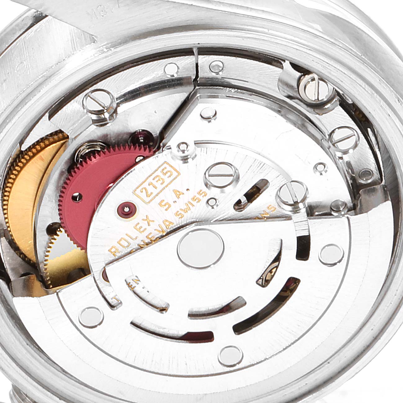 This is a close-up view of the movement and internal components of a Rolex President 69119 Women's White Gold Silver Dial 69119 Women's White Gold Silver Dial model watch.