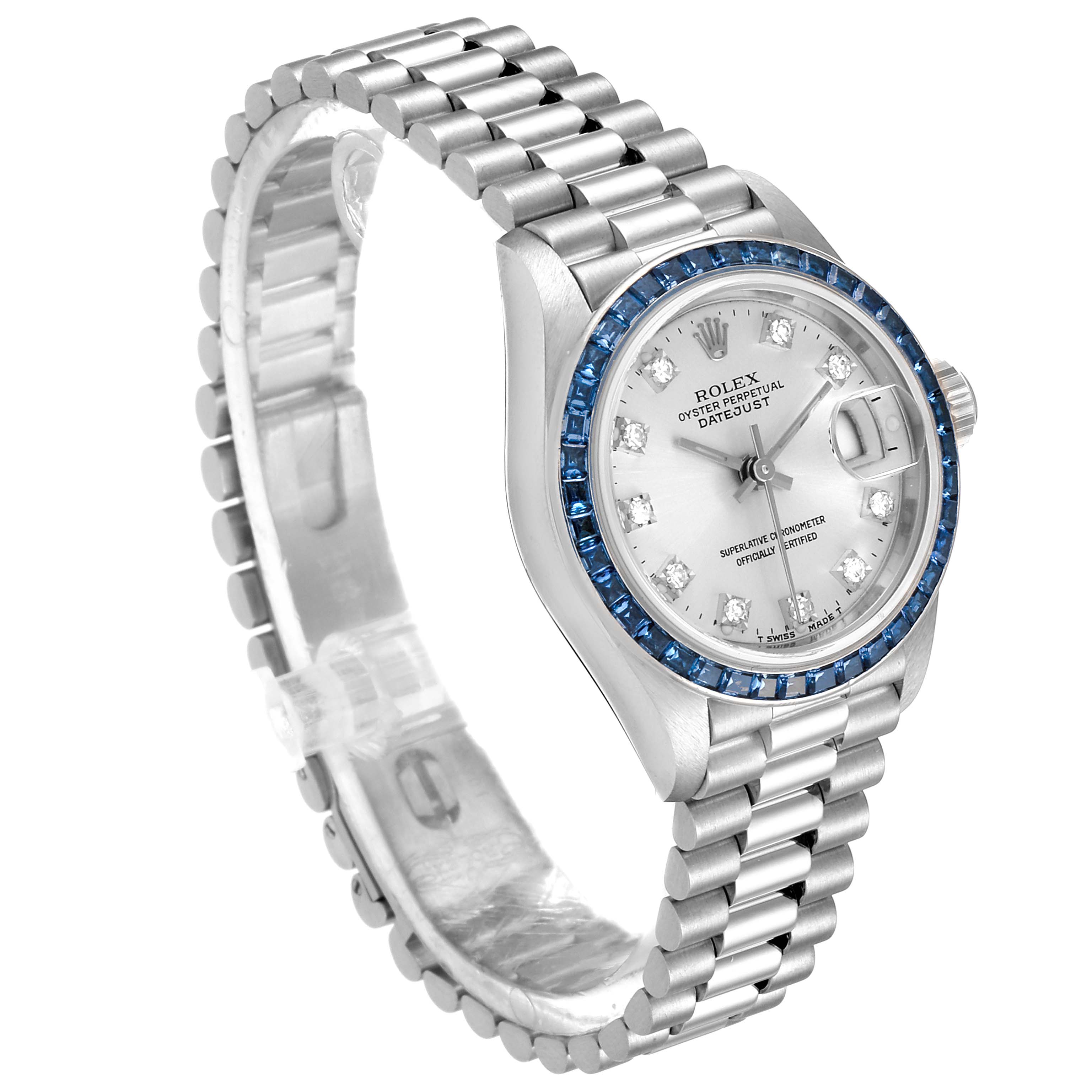 This image shows a side angle of a Rolex President 69119 Women's White Gold Silver Dial 69119 Women's White Gold Silver Dial model watch, highlighting its bracelet, bezel, and dial with diamond hour markers.