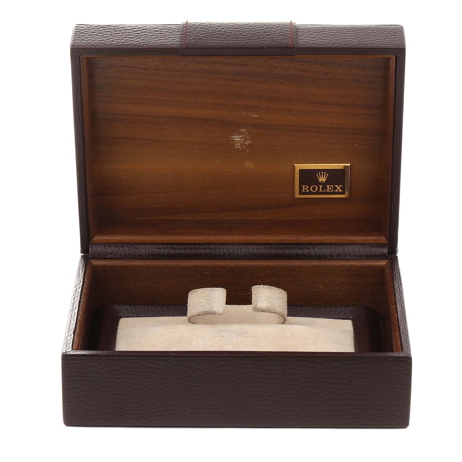 This image shows an open watch box for the Rolex President 18078 Men
s Yellow Gold White Dial 18078 Men
s Yellow Gold White Dial model, featuring the interior padding and a Rolex logo.