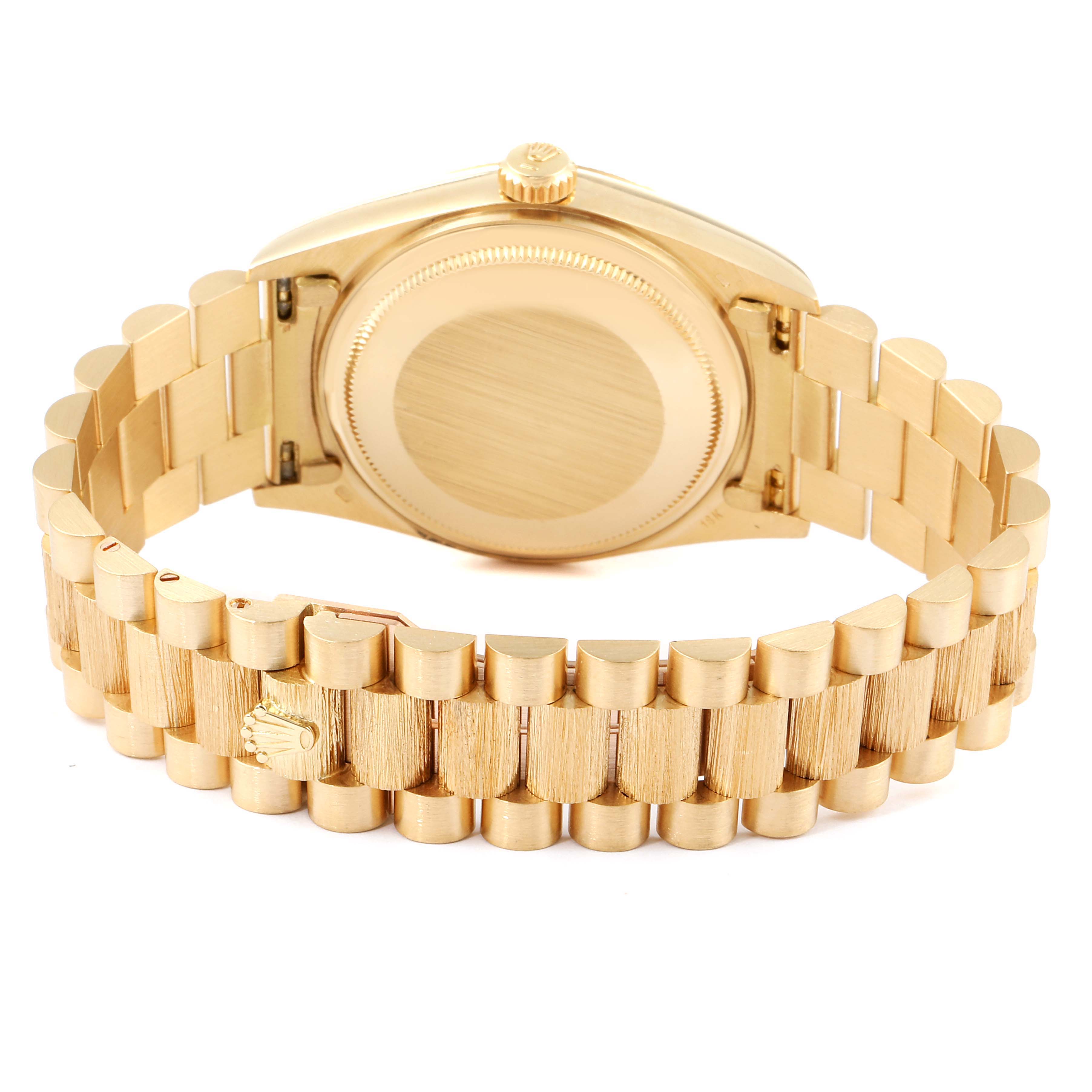 This image shows the back view of a Rolex President 18078 Men
s Yellow Gold White Dial 18078 Men
s Yellow Gold White Dial model, highlighting the case back, bezel, and bracelet.