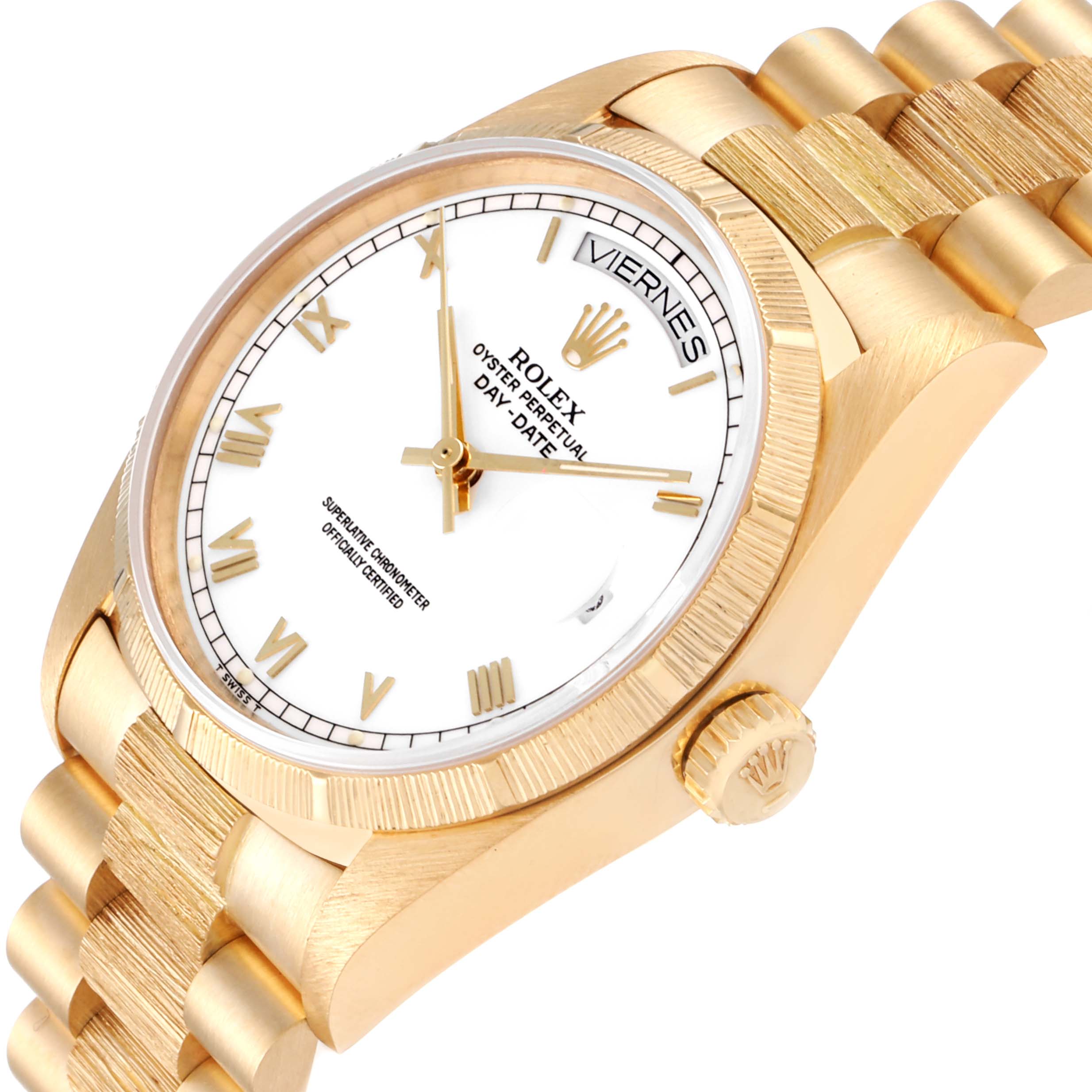 The image shows a Rolex President 18078 Men
s Yellow Gold White Dial 18078 Men
s Yellow Gold White Dial model watch at an angled top view, displaying the dial, case, bracelet, and crown.