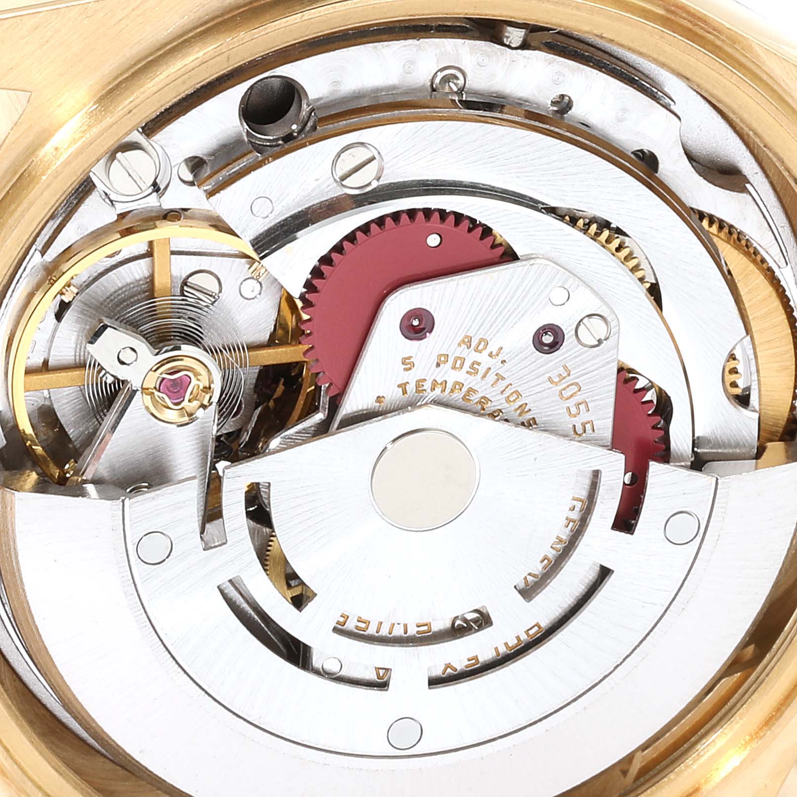 This image shows the detailed internal mechanism of the Rolex President 18078 Men
s Yellow Gold White Dial 18078 Men
s Yellow Gold White Dial model watch from a close-up angle.