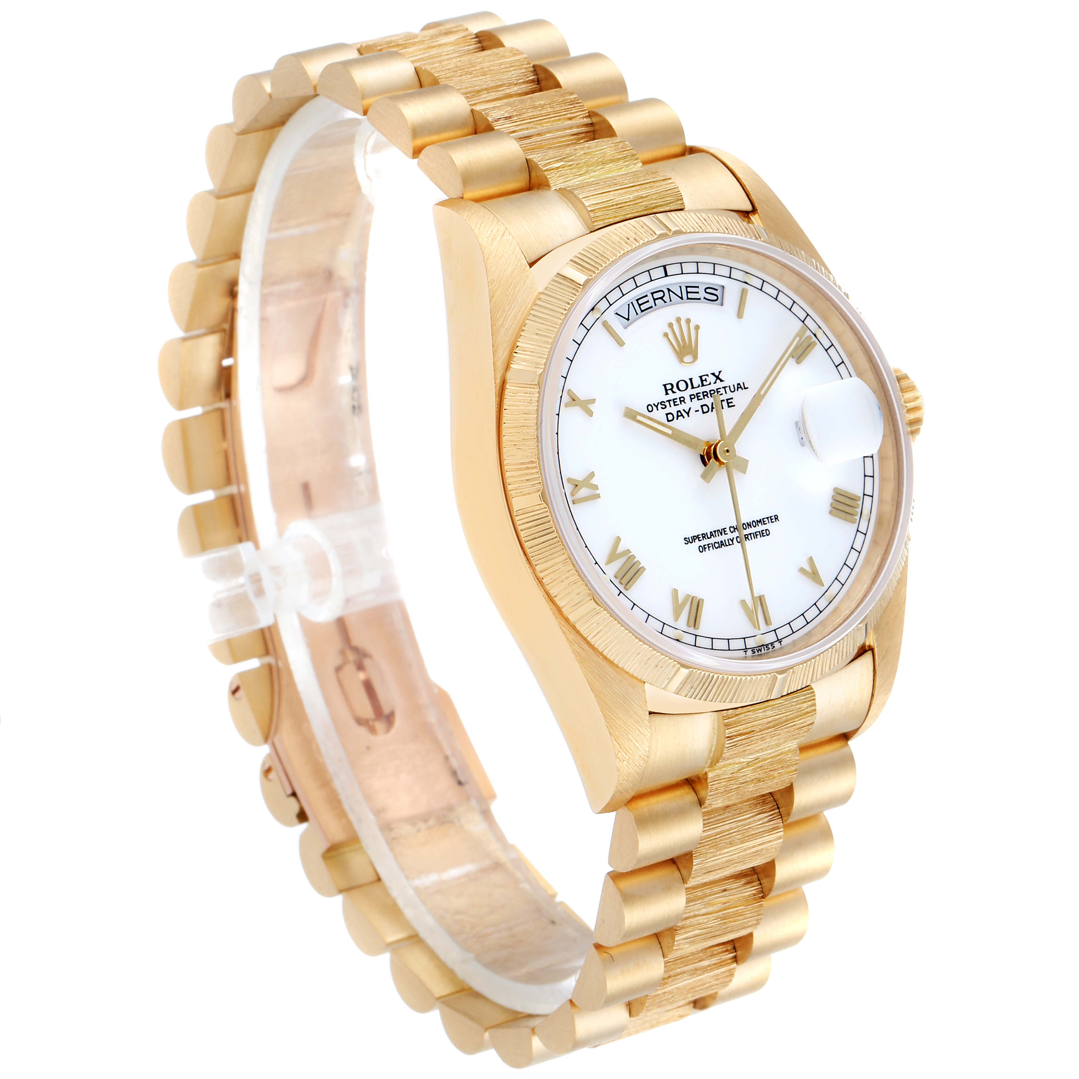 The image shows a side profile of a Rolex President 18078 Men
s Yellow Gold White Dial 18078 Men
s Yellow Gold White Dial model watch, highlighting the gold bracelet, bezel, and white dial.
