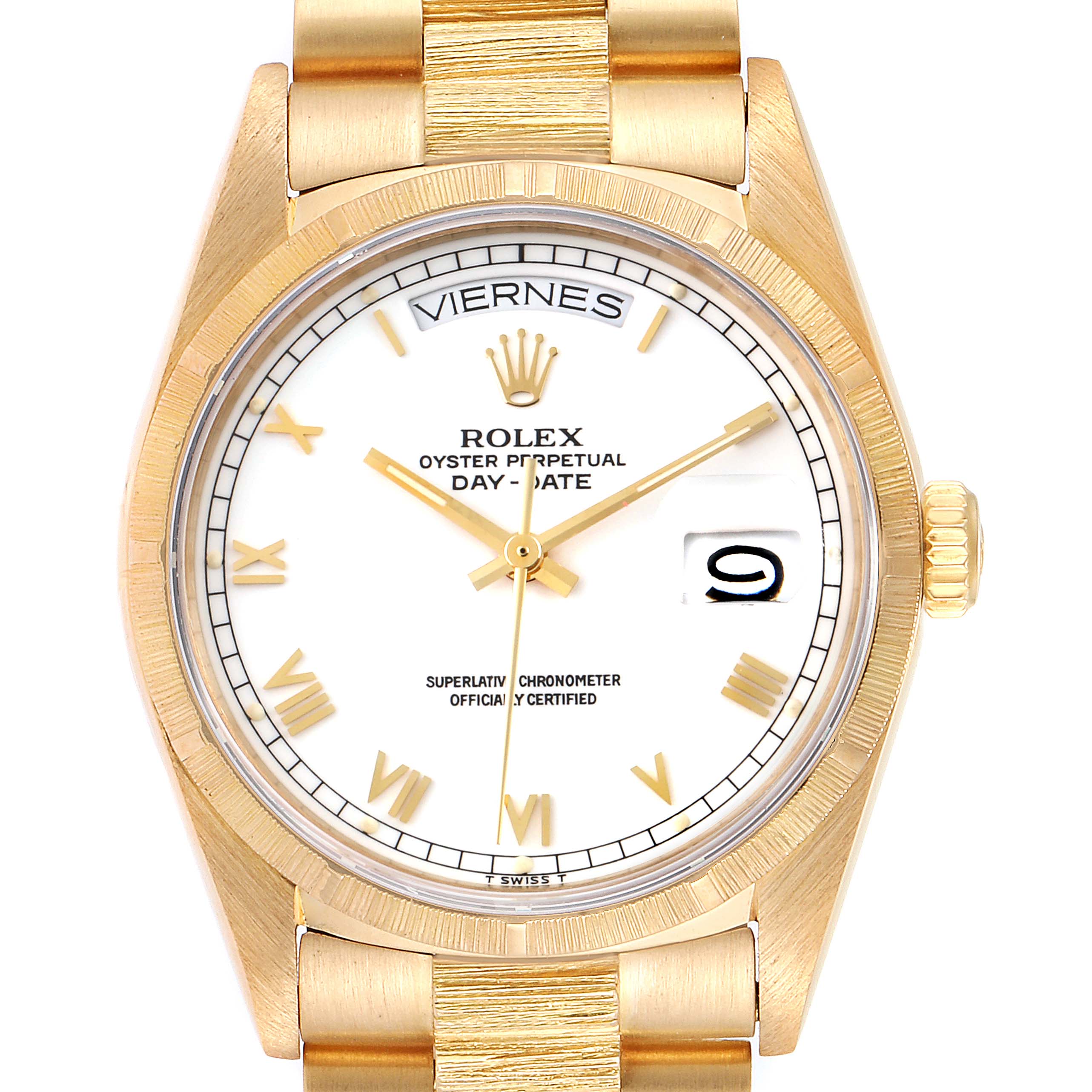 This image shows a frontal close-up view of the Rolex President 18078 Men
s Yellow Gold White Dial 18078 Men
s Yellow Gold White Dial model watch, highlighting the dial, hands, day-date display, and part of the bracelet.