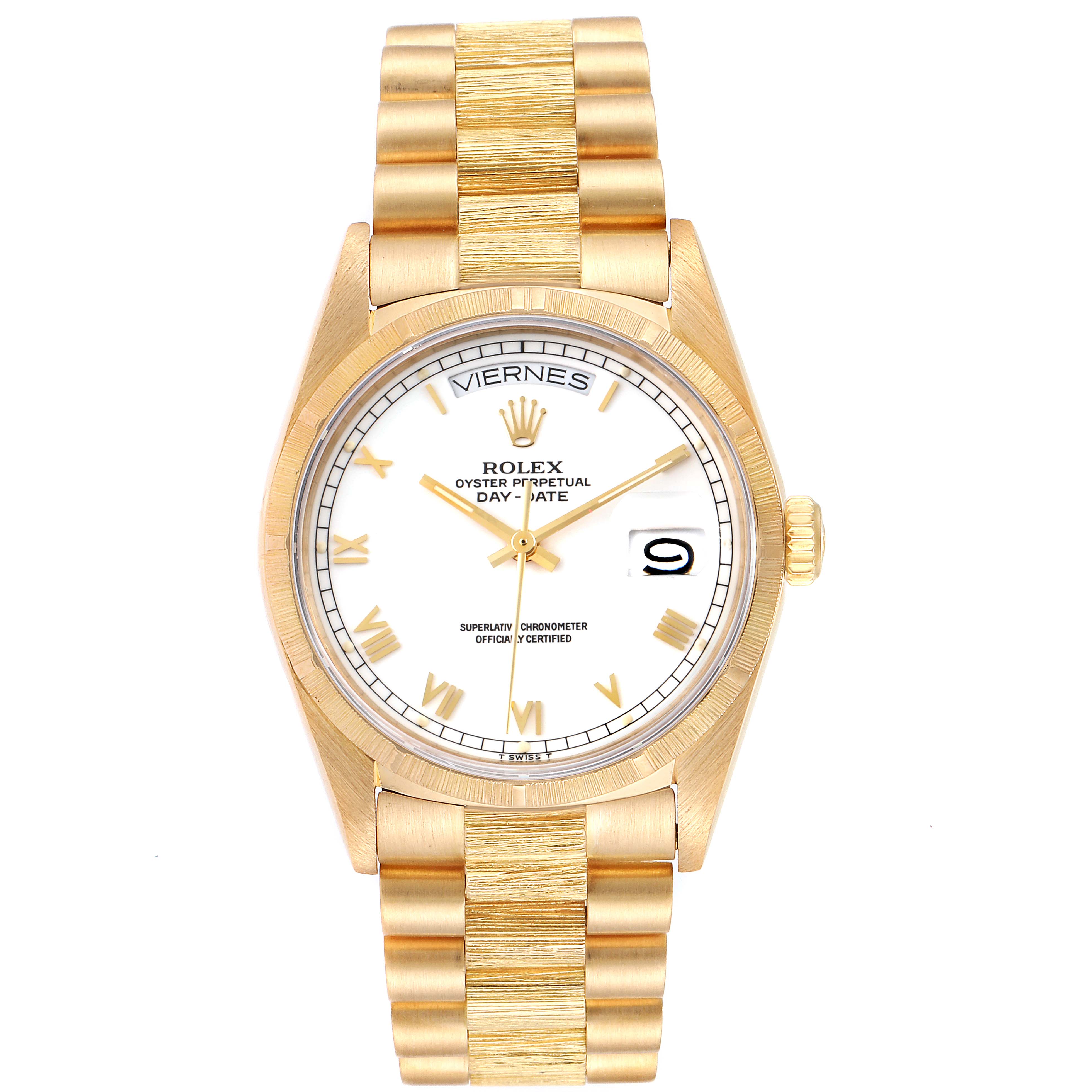 The image shows a front view of a Rolex President 18078 Men
s Yellow Gold White Dial 18078 Men
s Yellow Gold White Dial model watch, highlighting its dial, bezel, crown, and bracelet.