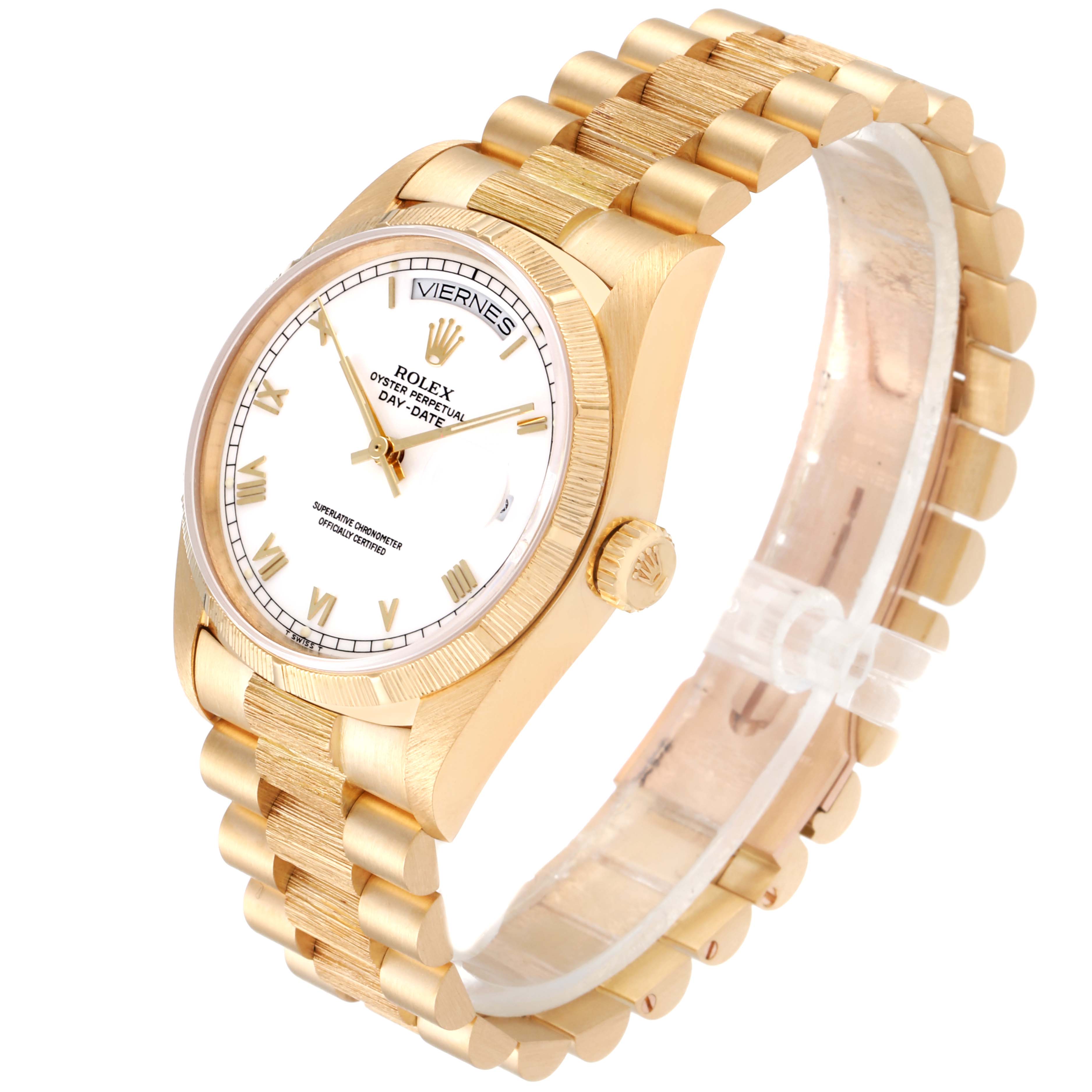 The image shows a side angle of the Rolex President 18078 Men
s Yellow Gold White Dial 18078 Men
s Yellow Gold White Dial model, highlighting the bracelet, crown, and face with day and date display.