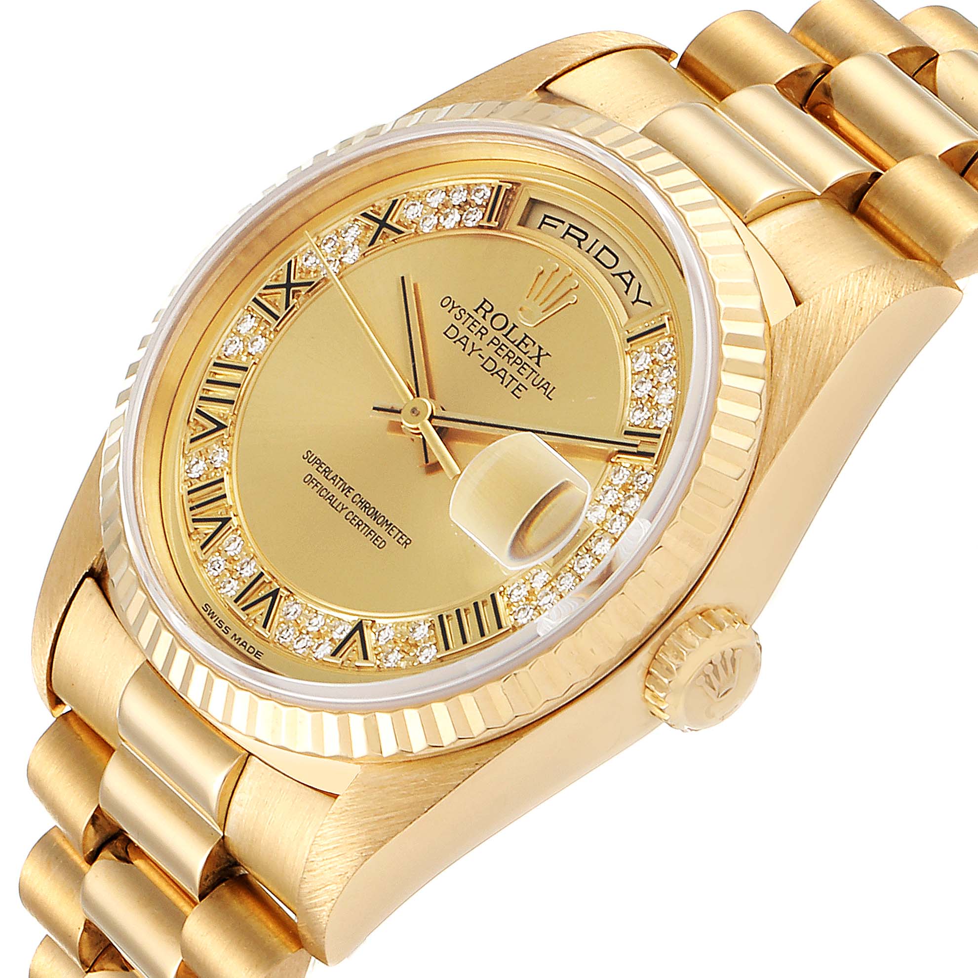 The image shows a close-up of the Rolex President 18238 Men
s Yellow Gold Champagne Dial 18238 Men
s Yellow Gold Champagne Dial model watch, displaying its dial, bezel, band, and crown.
