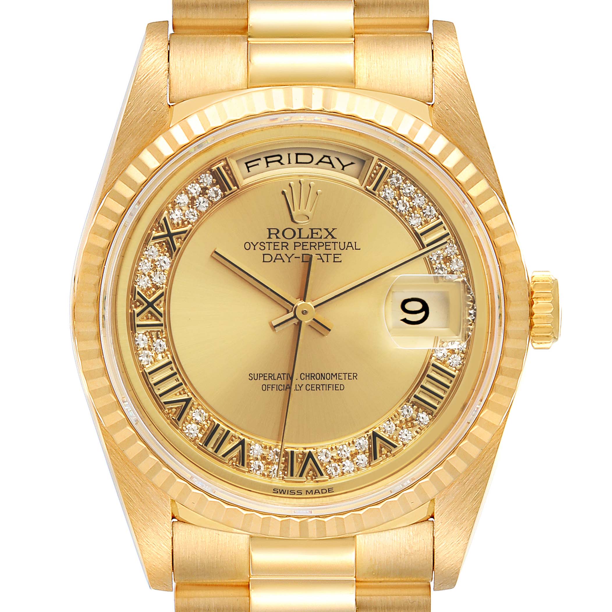 This is a front view of a Rolex President 18238 Men
s Yellow Gold Champagne Dial 18238 Men
s Yellow Gold Champagne Dial model watch, showing the dial, bezel, hands, bracelet, and day-date display.