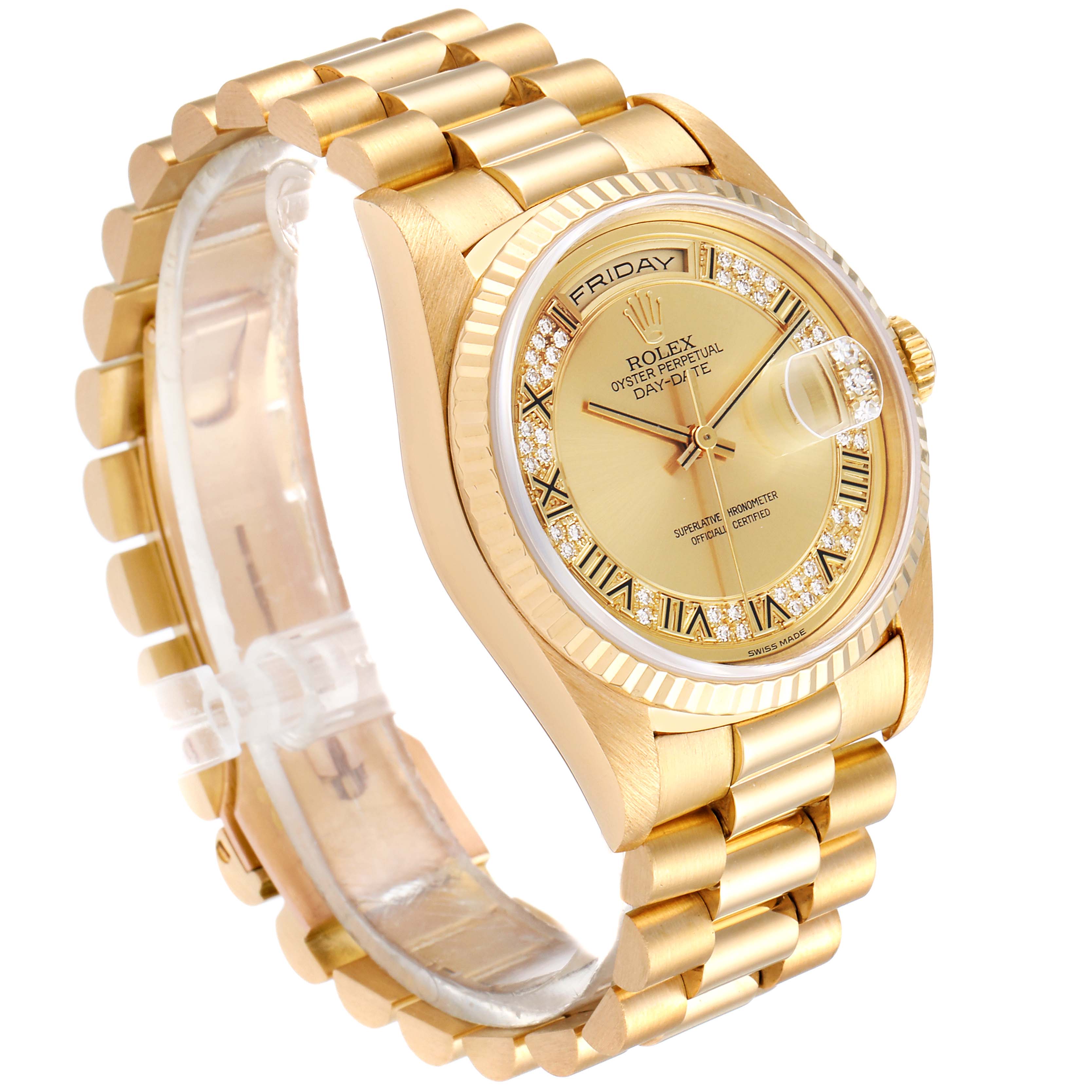 The image shows a Rolex President 18238 Men
s Yellow Gold Champagne Dial 18238 Men
s Yellow Gold Champagne Dial model watch at a slight angle, highlighting the band, dial, bezel, and crown.