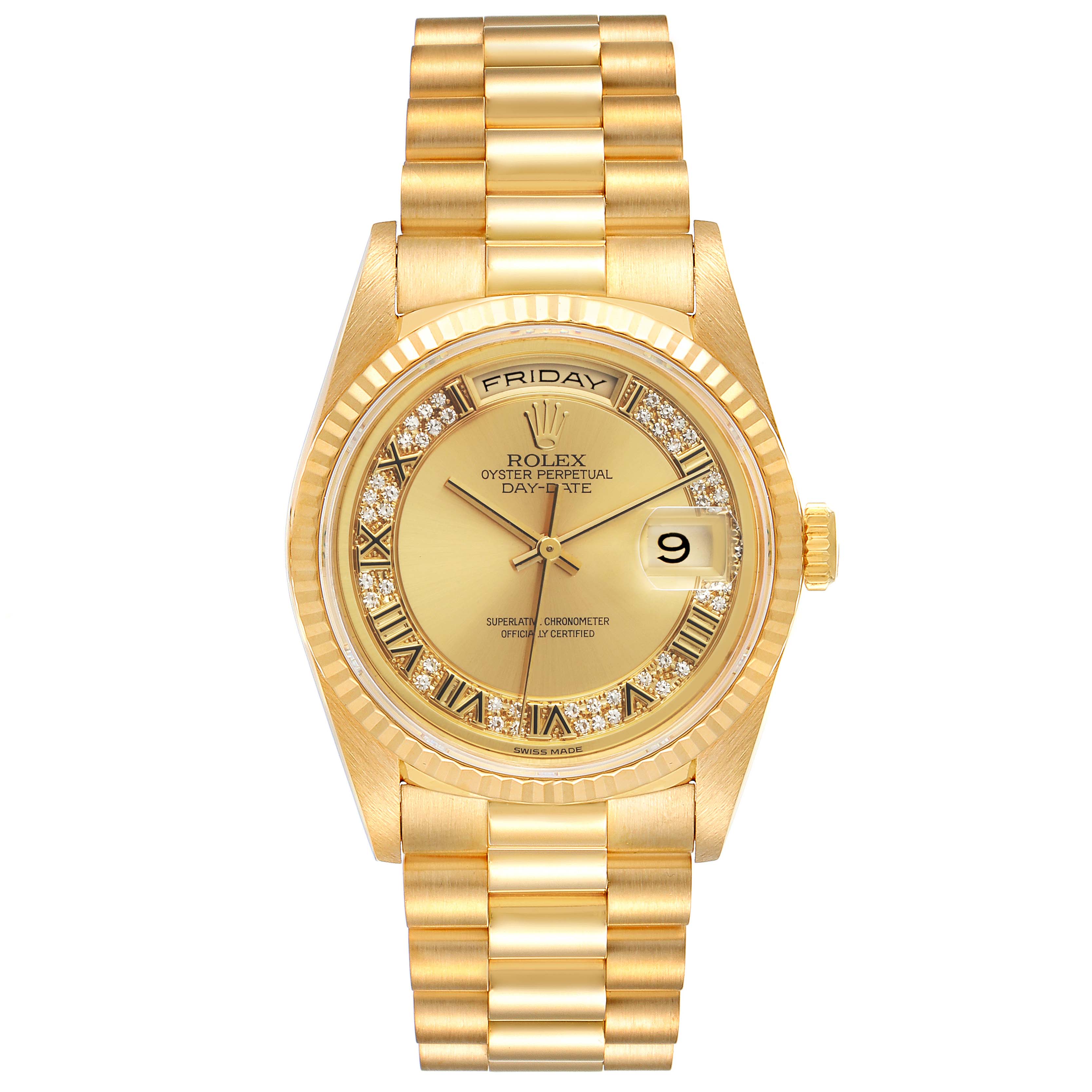 The image shows a Rolex President 18238 Men
s Yellow Gold Champagne Dial 18238 Men
s Yellow Gold Champagne Dial model watch from a front view, highlighting the dial, bracelet, and date display.