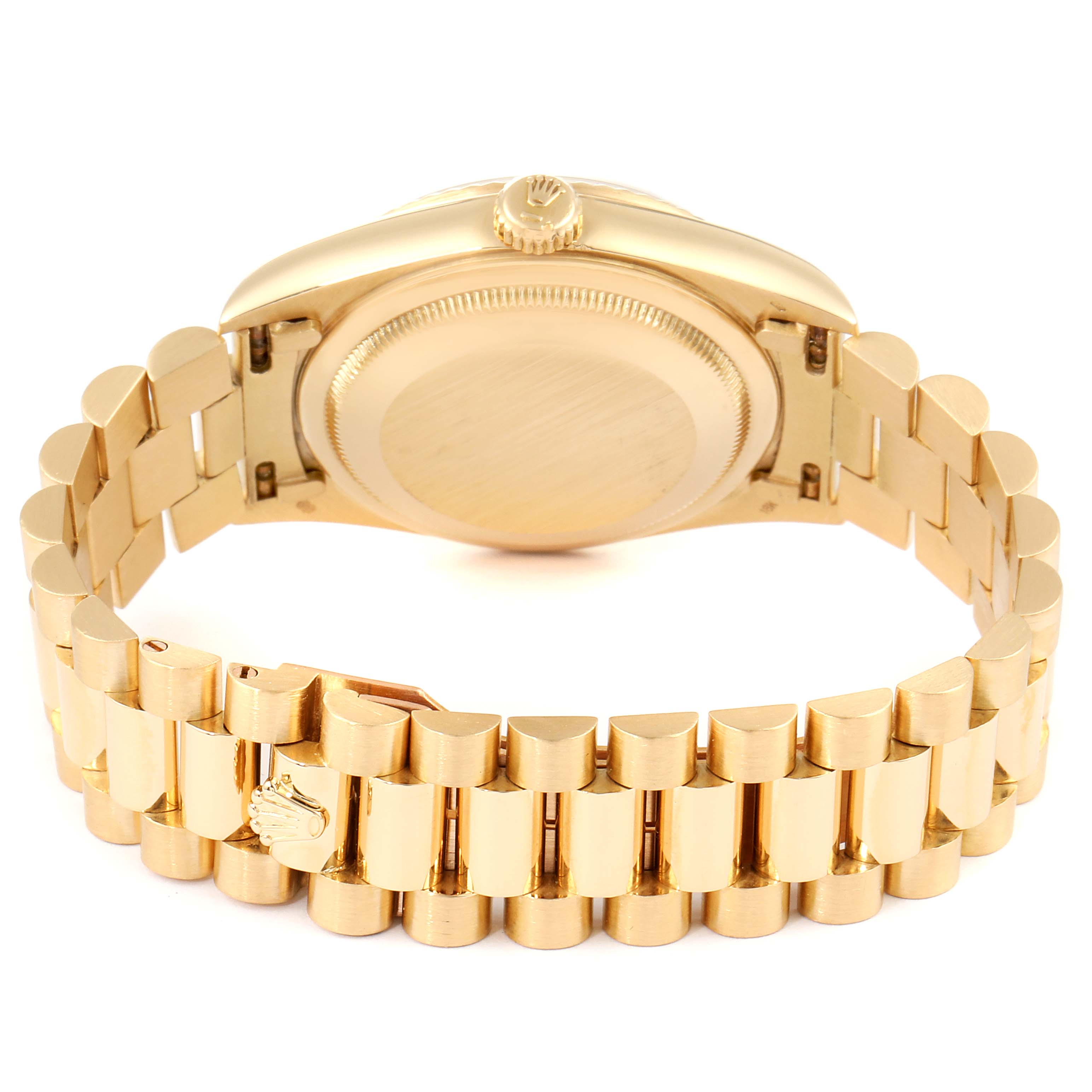 The image shows the back view of a Rolex President 18238 Men
s Yellow Gold Champagne Dial 18238 Men
s Yellow Gold Champagne Dial model watch, including its gold case and President bracelet.