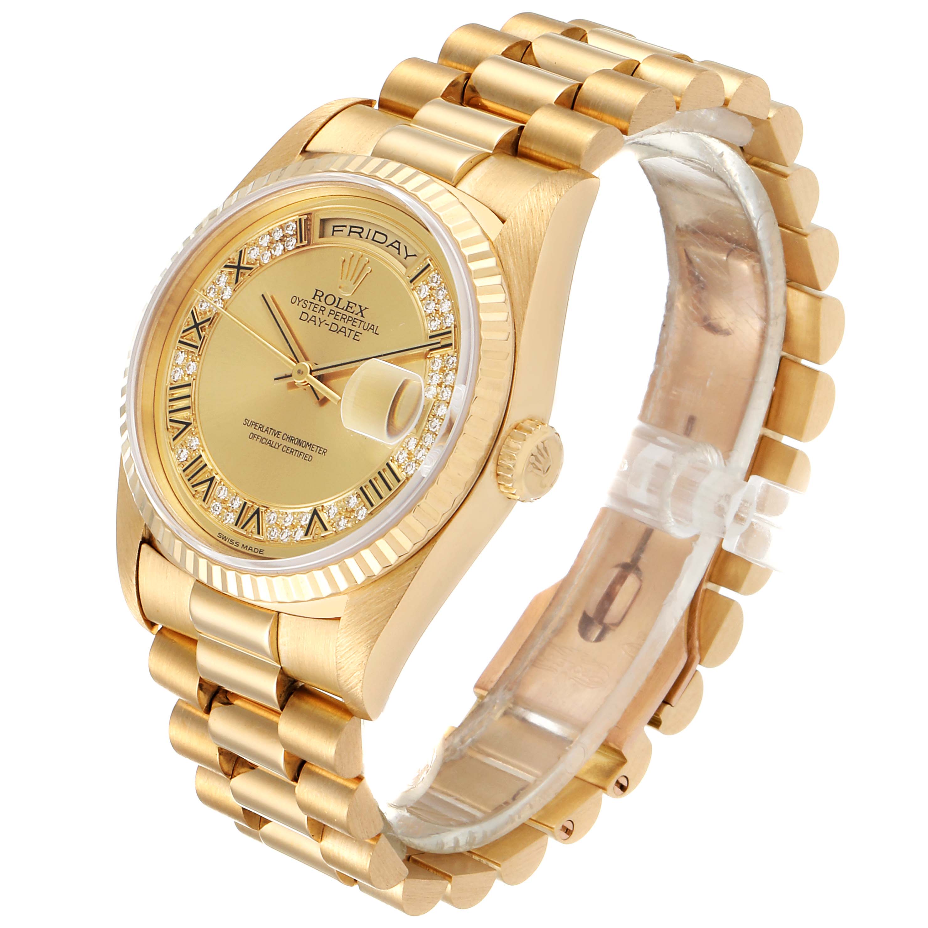 The image shows a side angle of the Rolex President 18238 Men
s Yellow Gold Champagne Dial 18238 Men
s Yellow Gold Champagne Dial model watch, highlighting its dial, bezel, bracelet, and crown.