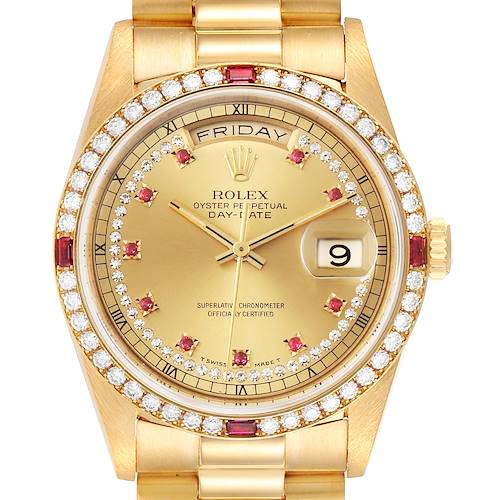 The image shows a close-up of the Rolex President Day-Date watch, highlighting its gold dial, diamond bezel, and bracelet.