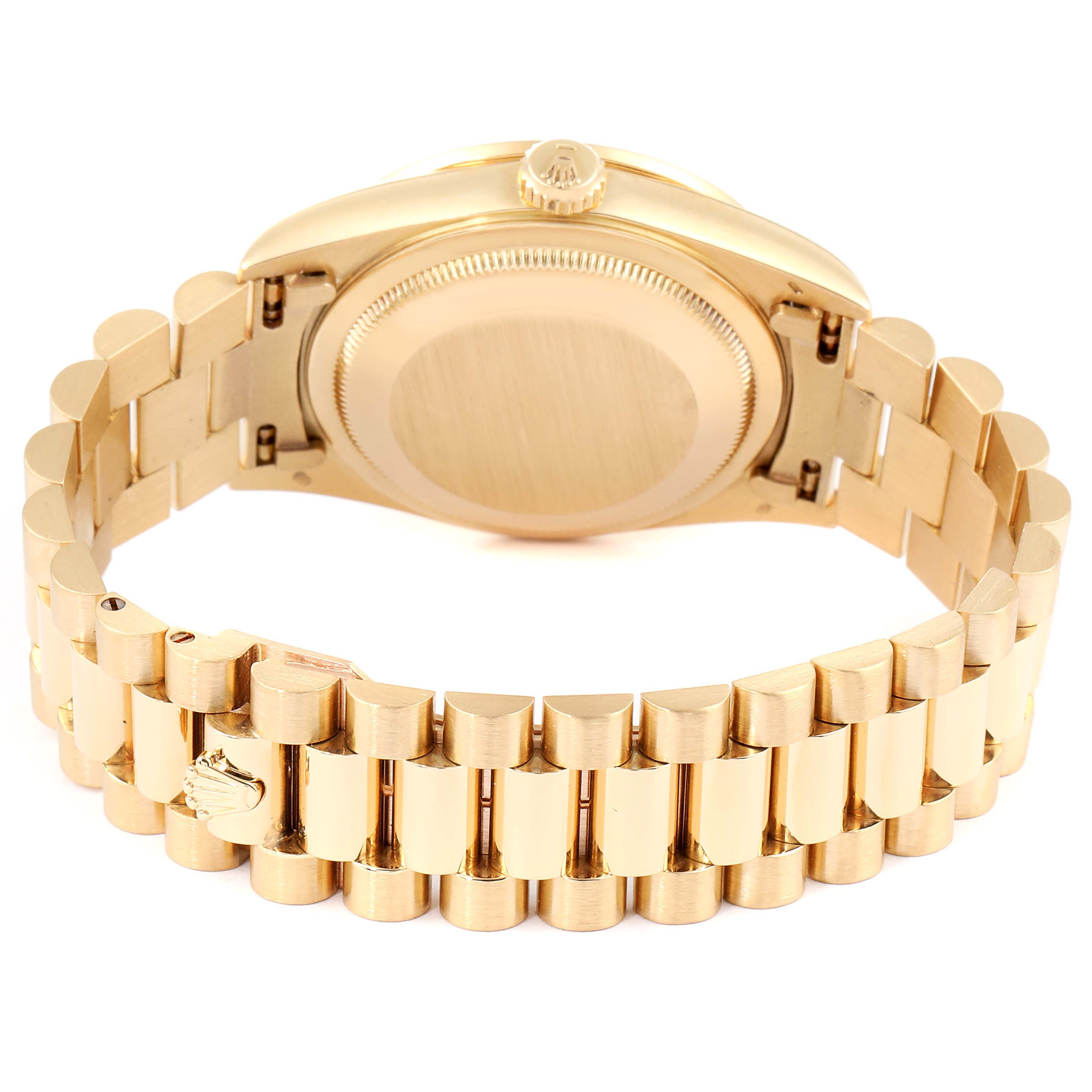 The image shows the back view of the Rolex President 18378 Men's Yellow Gold Champagne Dial 18378 Men's Yellow Gold Champagne Dial model, highlighting its gold bracelet and case back.