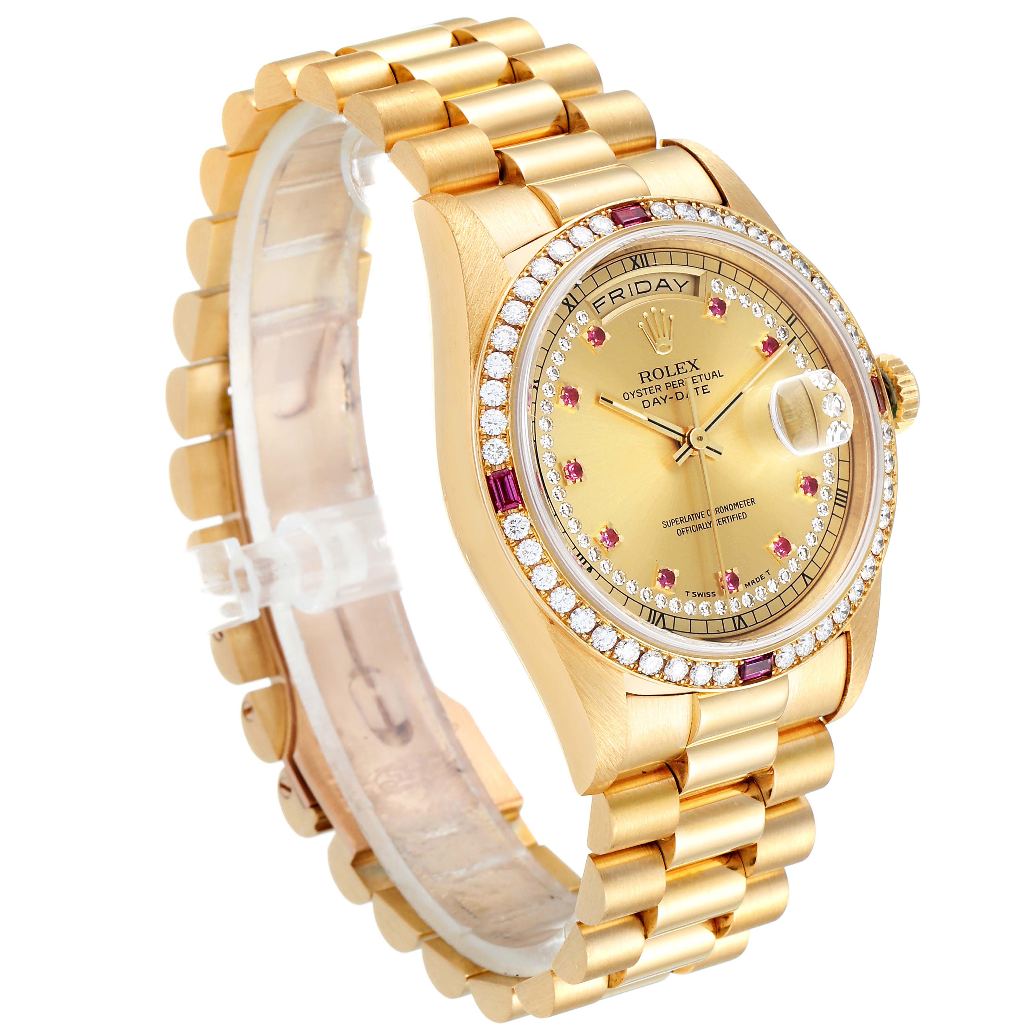 The image shows a side angle of a Rolex President 18378 Men's Yellow Gold Champagne Dial 18378 Men's Yellow Gold Champagne Dial model watch, focusing on its gold bracelet and diamond-encrusted bezel and dial.