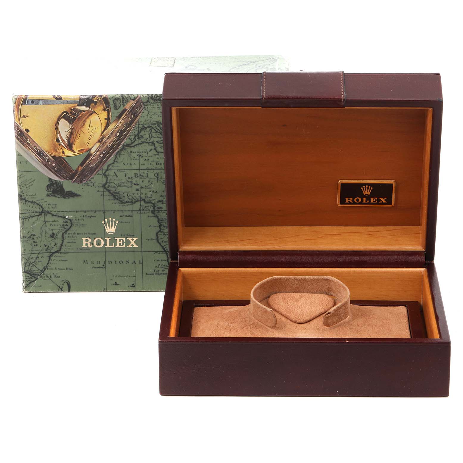 The image shows an open wooden box for a Rolex President 18378 Men's Yellow Gold Champagne Dial 18378 Men's Yellow Gold Champagne Dial model watch along with its outer packaging.
