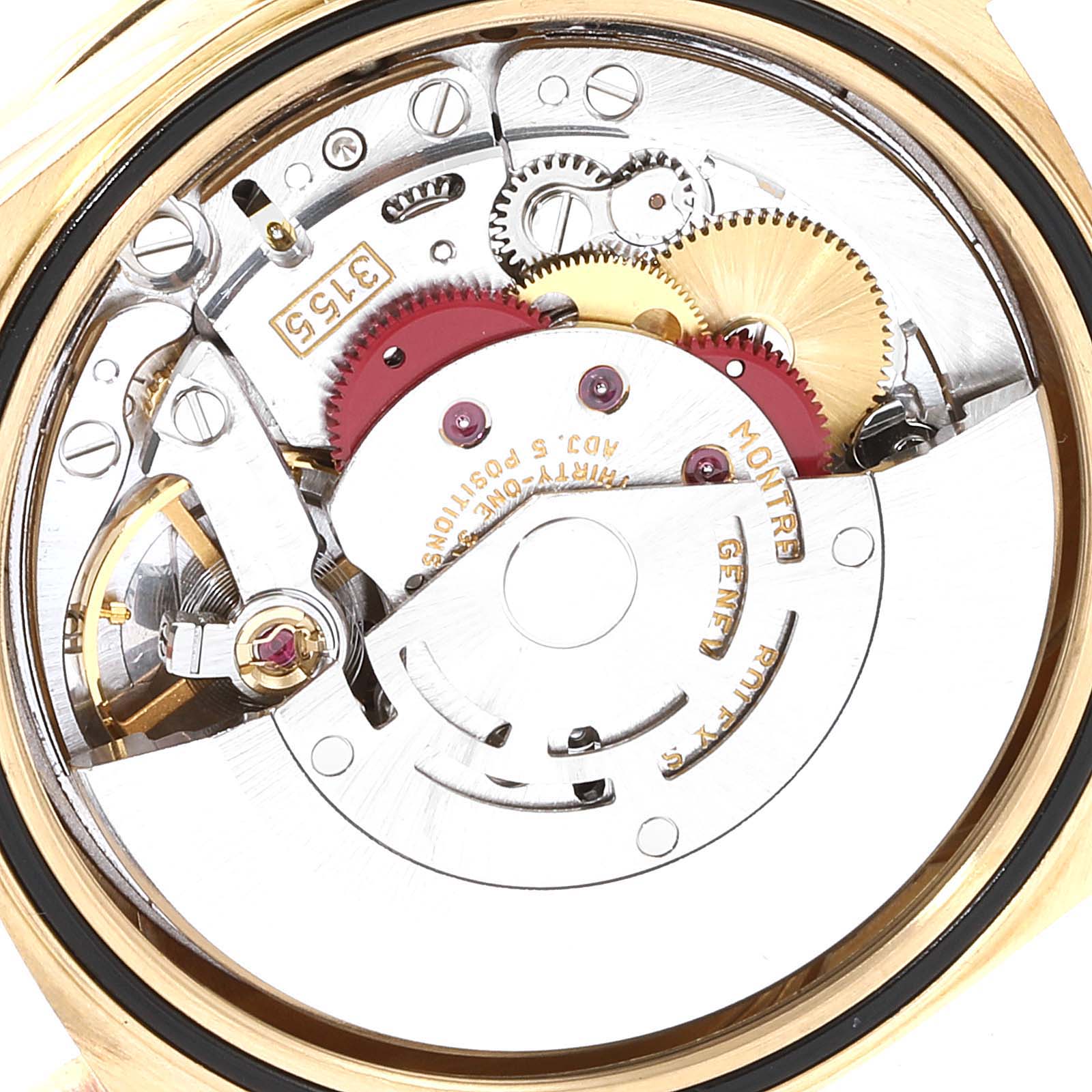 The image shows a close-up view of the open back of a Rolex President 18378 Men's Yellow Gold Champagne Dial 18378 Men's Yellow Gold Champagne Dial model watch, revealing its intricate mechanical movement and gears.