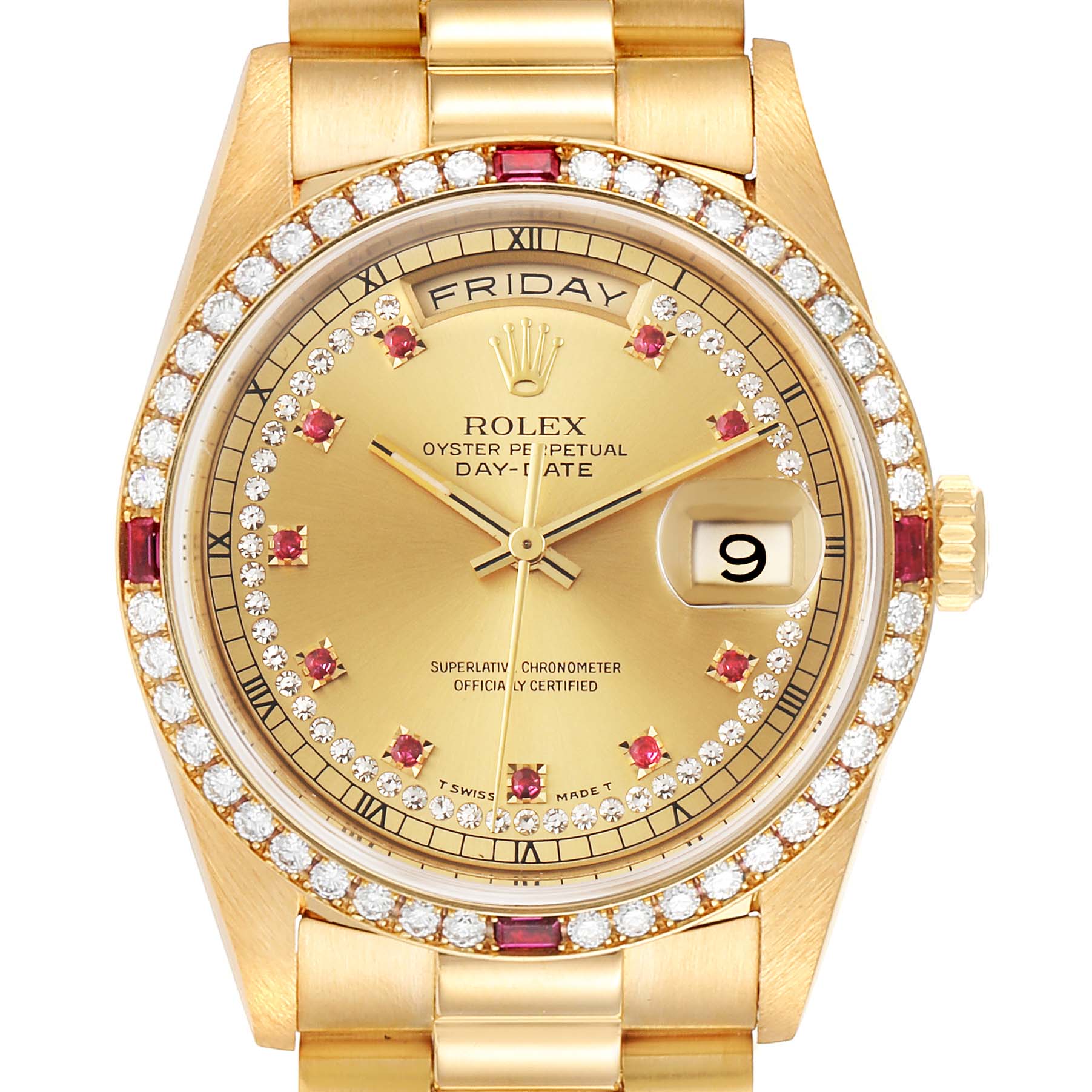 The image shows a Rolex President 18378 Men's Yellow Gold Champagne Dial 18378 Men's Yellow Gold Champagne Dial model watch, featuring the dial, bezel, crown, and part of the bracelet from a front angle.