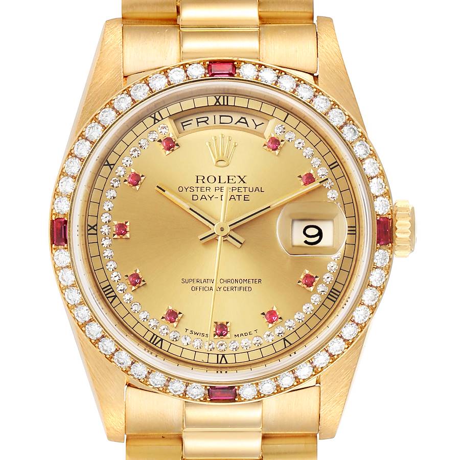 Rolex President Day-Date Yellow Gold String Diamond Ruby Dial Watch 18378 SwissWatchExpo