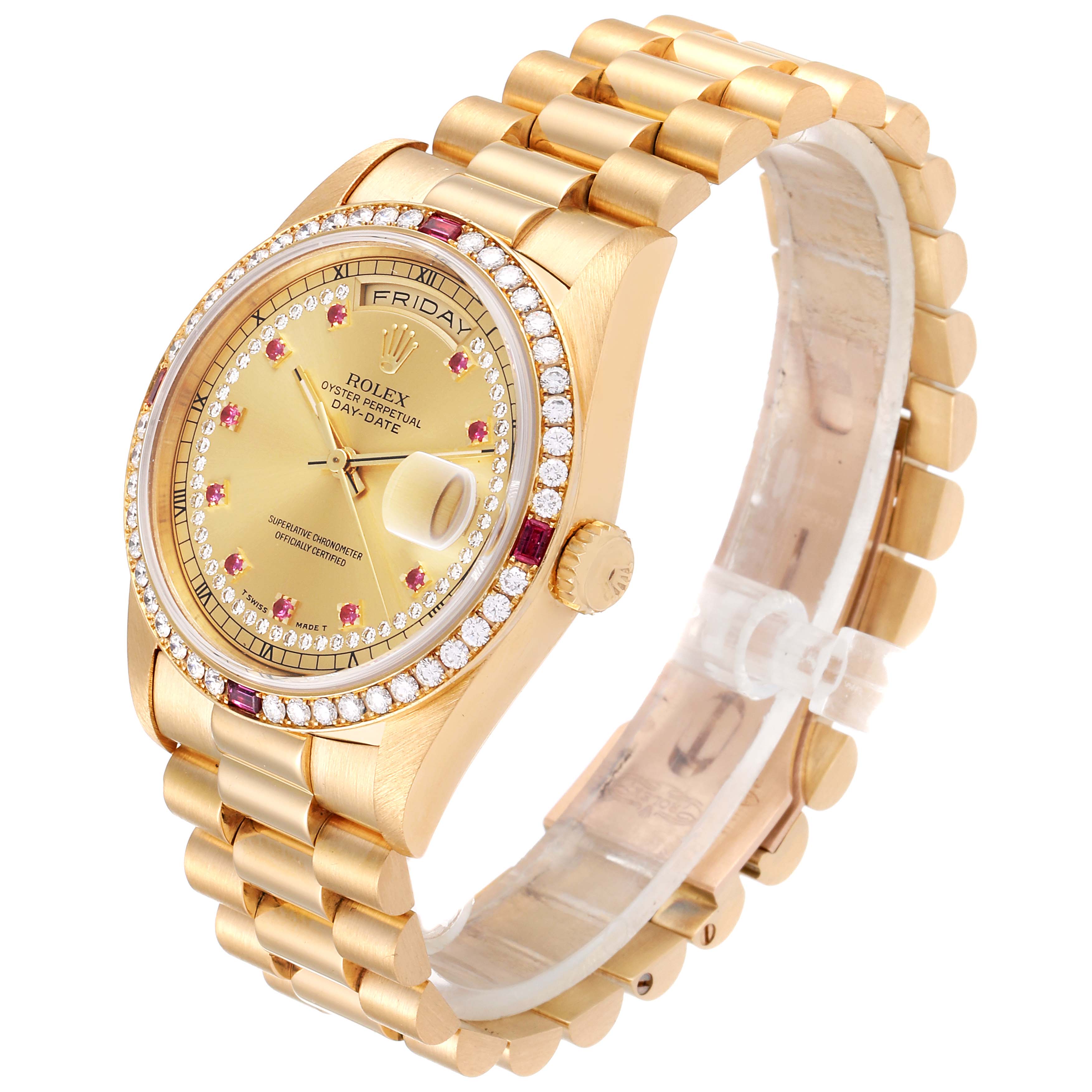 This image shows a Rolex President 18378 Men's Yellow Gold Champagne Dial 18378 Men's Yellow Gold Champagne Dial model watch viewed from a three-quarter angle, displaying the face, bezel, and bracelet.