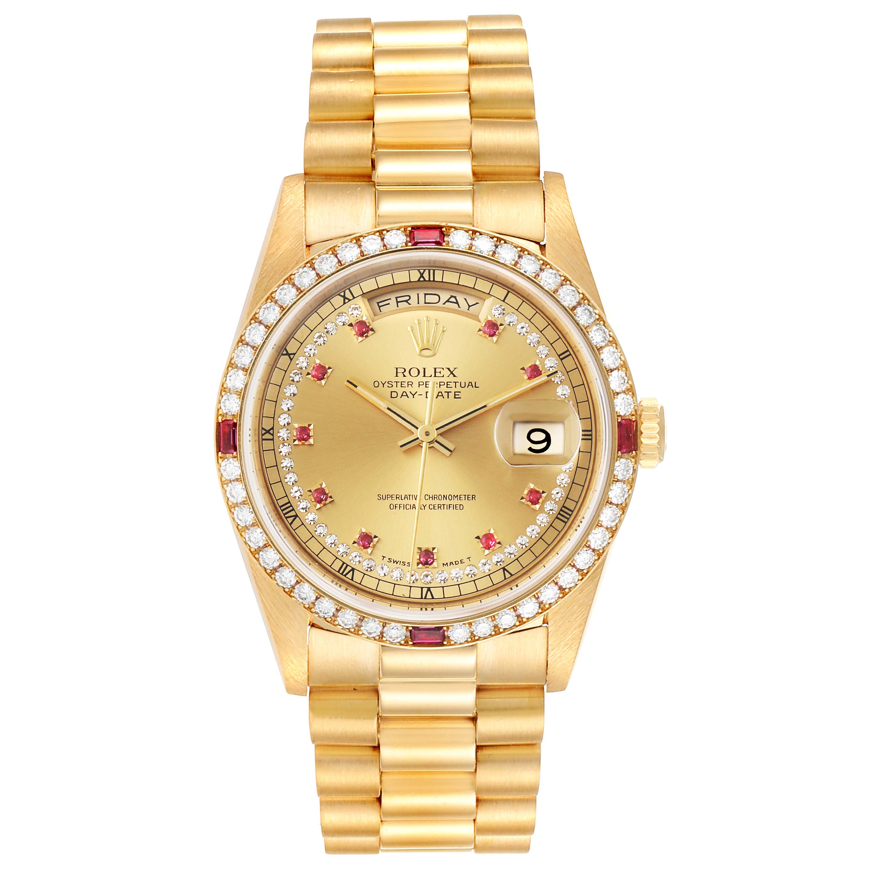 This is a frontal view of a Rolex President 18378 Men's Yellow Gold Champagne Dial 18378 Men's Yellow Gold Champagne Dial model watch, showcasing its dial, bezel, day-date display, and bracelet.