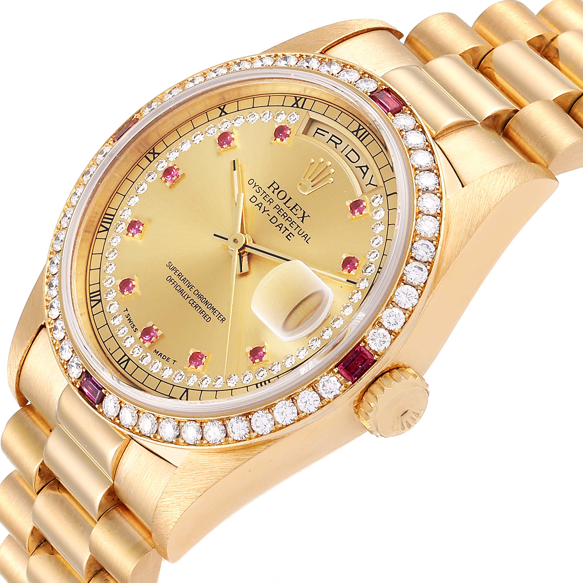 The image shows a side angle of a Rolex President 18378 Men's Yellow Gold Champagne Dial 18378 Men's Yellow Gold Champagne Dial model watch, highlighting its face, bezel, crown, and bracelet.
