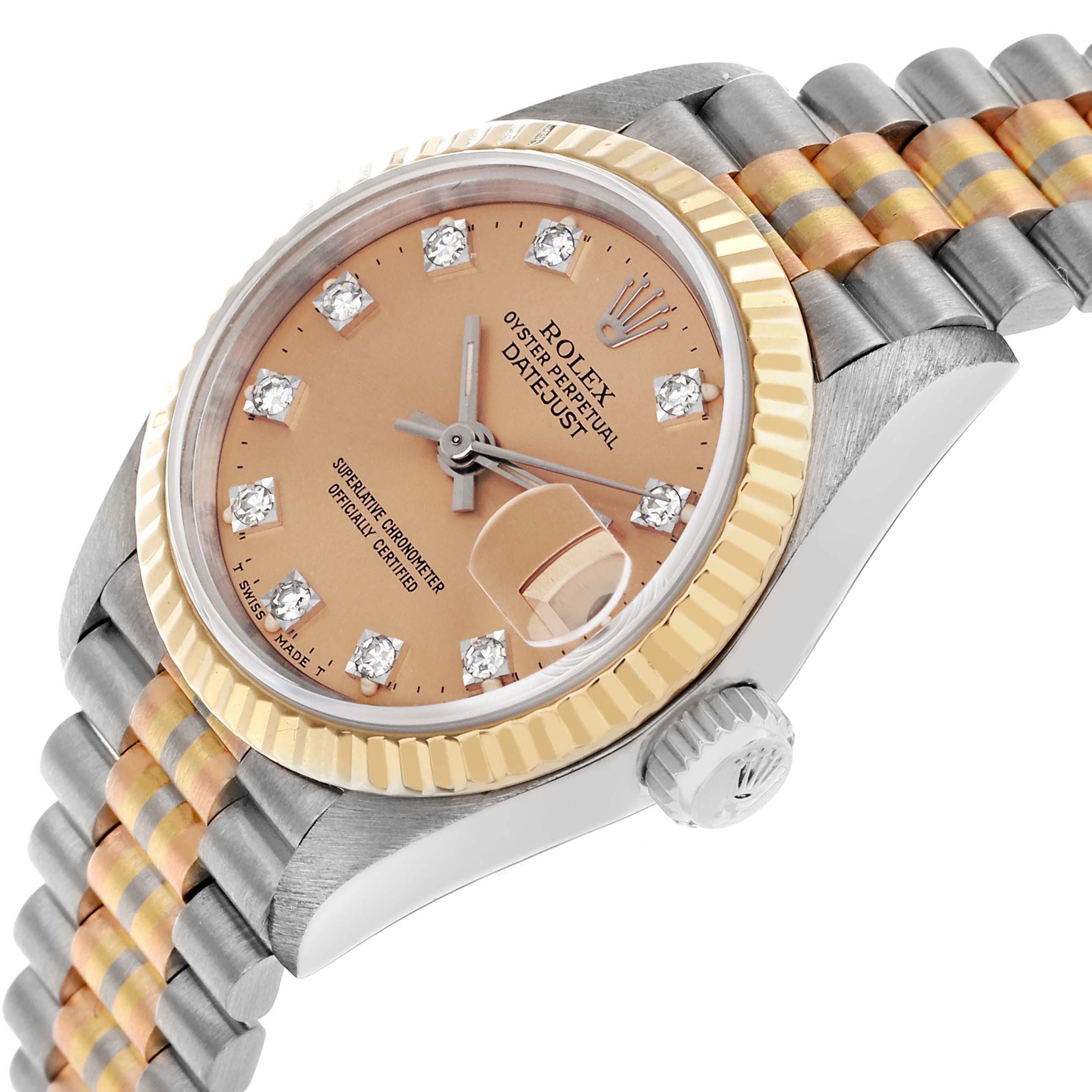 The Rolex President 69179 Women's White Gold Brown Dial watch is shown at a slight angle, highlighting the watch face, crown, and a portion of its bracelet.