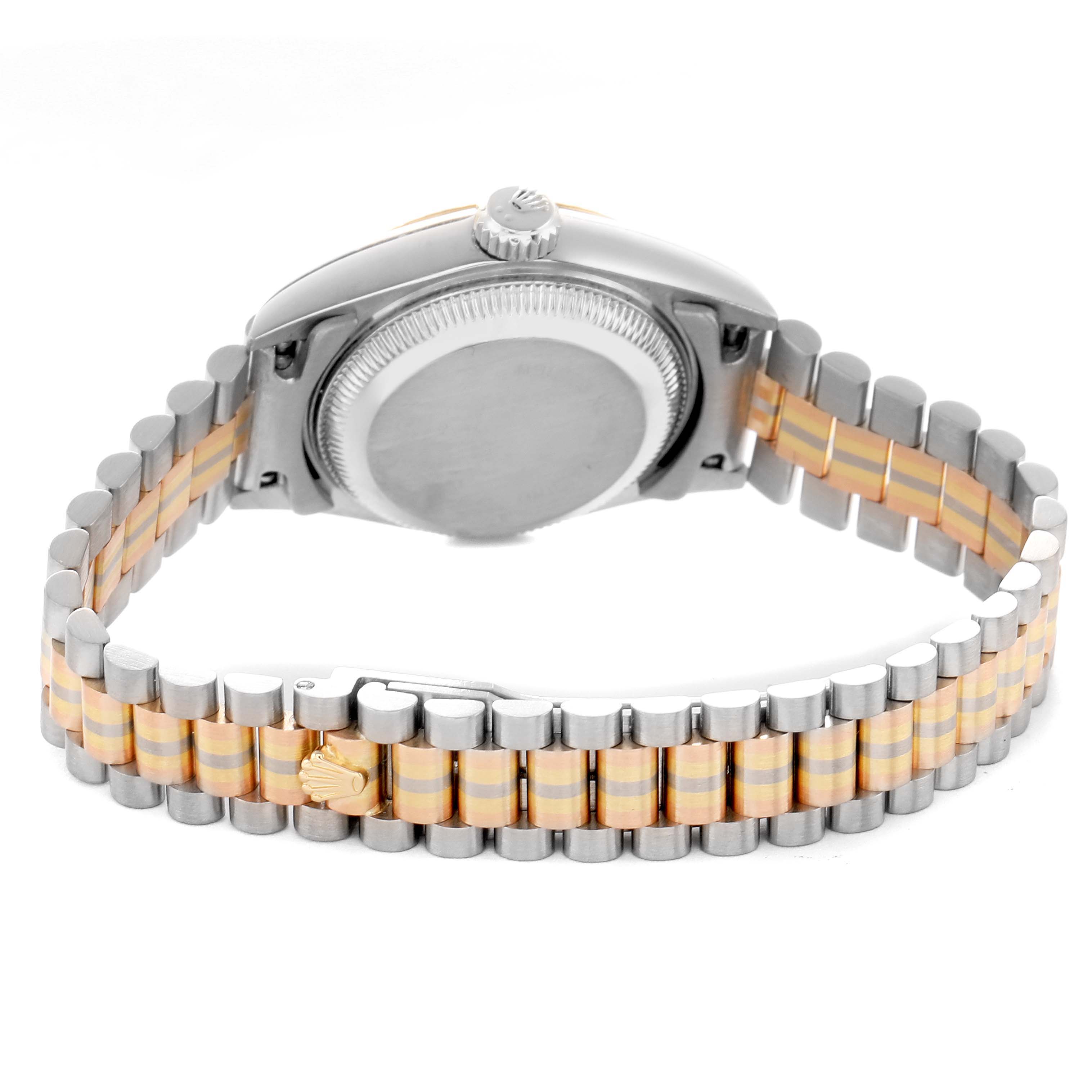 The image shows the back and side profile of a Rolex President 69179 Women's White Gold Brown Dial model, highlighting the gold and silver bracelet and case back.
